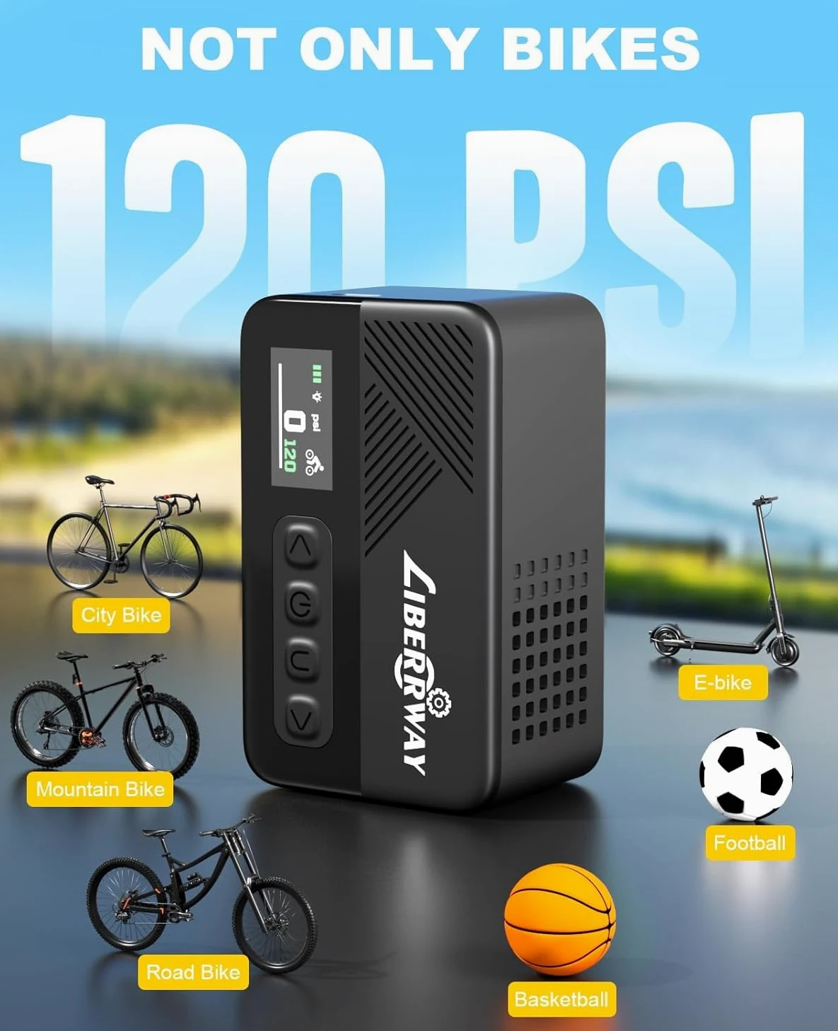 Mini pompe à vélo électrique 120 PSI avec arrêt automatique, manomètre et lumière LED, pompe à vélo portable sans fil pour VTT, vélo électrique, vélos de route/de ville avec valve Presta et Schrader