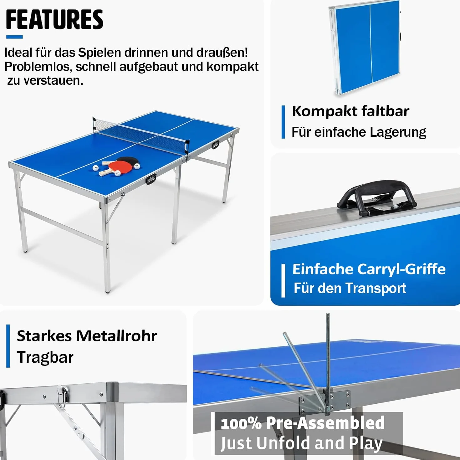 Table de Ping-Pong Pliable Table de ping-Pong d'intérieur Portable avec Filet, Balles, Raquettes, Bleu 180 x90 x76 cm