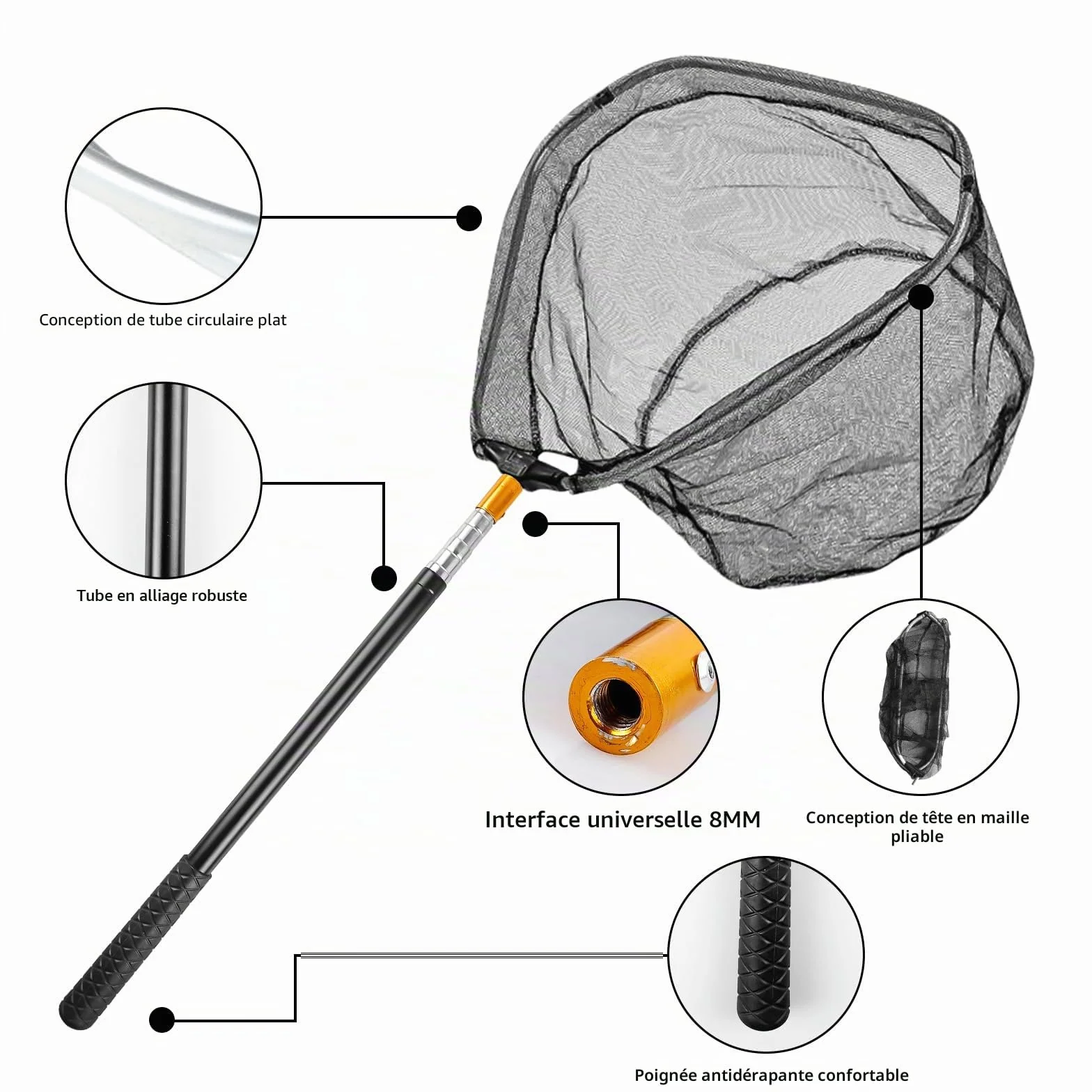 Épuisette de pêche télescopique pliable 130 cm avec sac de rangement