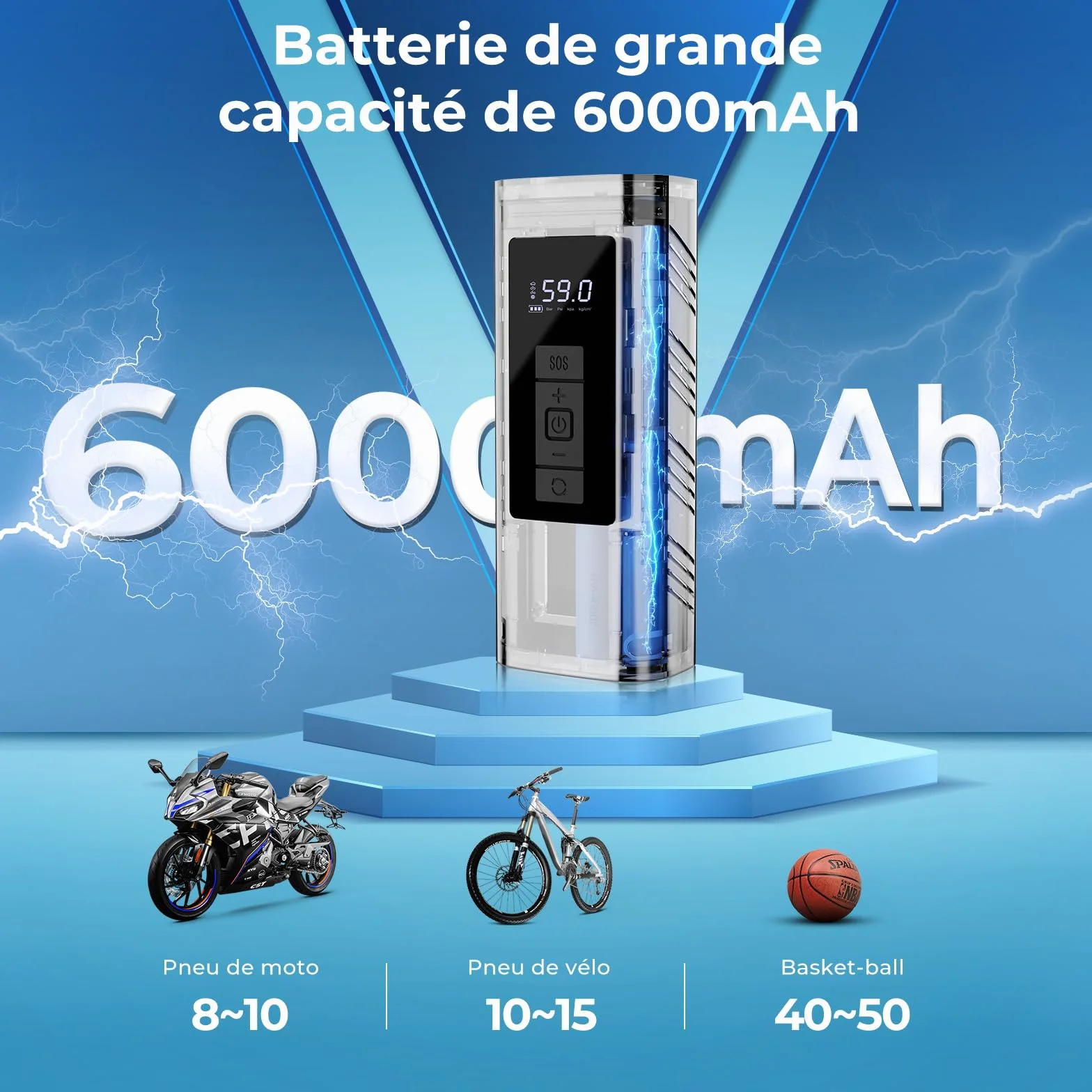 Pompe à Vélo Électrique 150PSI YOUNGDO Compresseur à Air Portatif 6000mAh