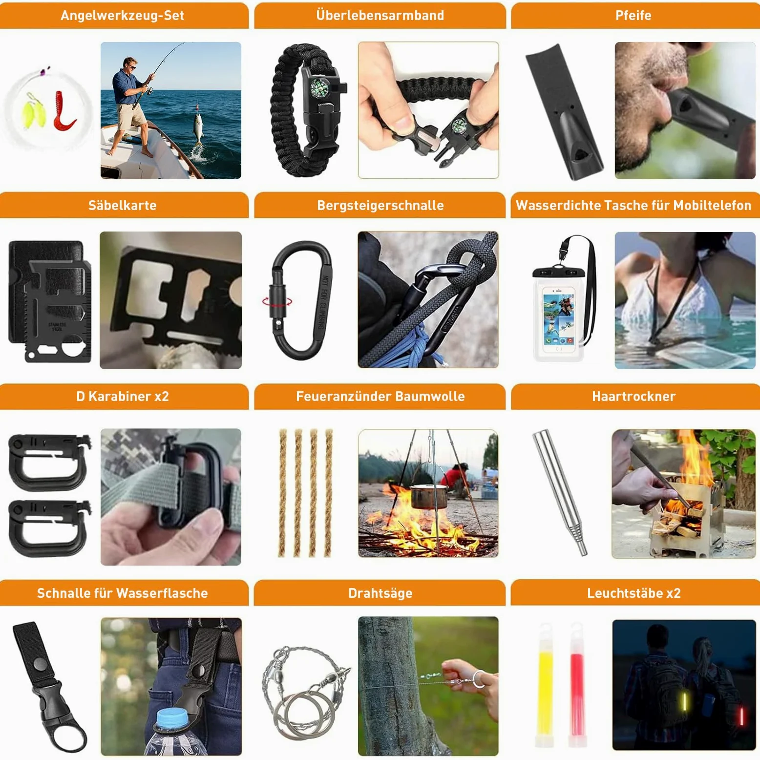 Kit de survie avec kit de premiers secours, 180 pièces, équipement de survie avec filtre à eau, paille, lampe de camping, pince multifonction, couteau pour homme, pince pliante, aventures de voyage