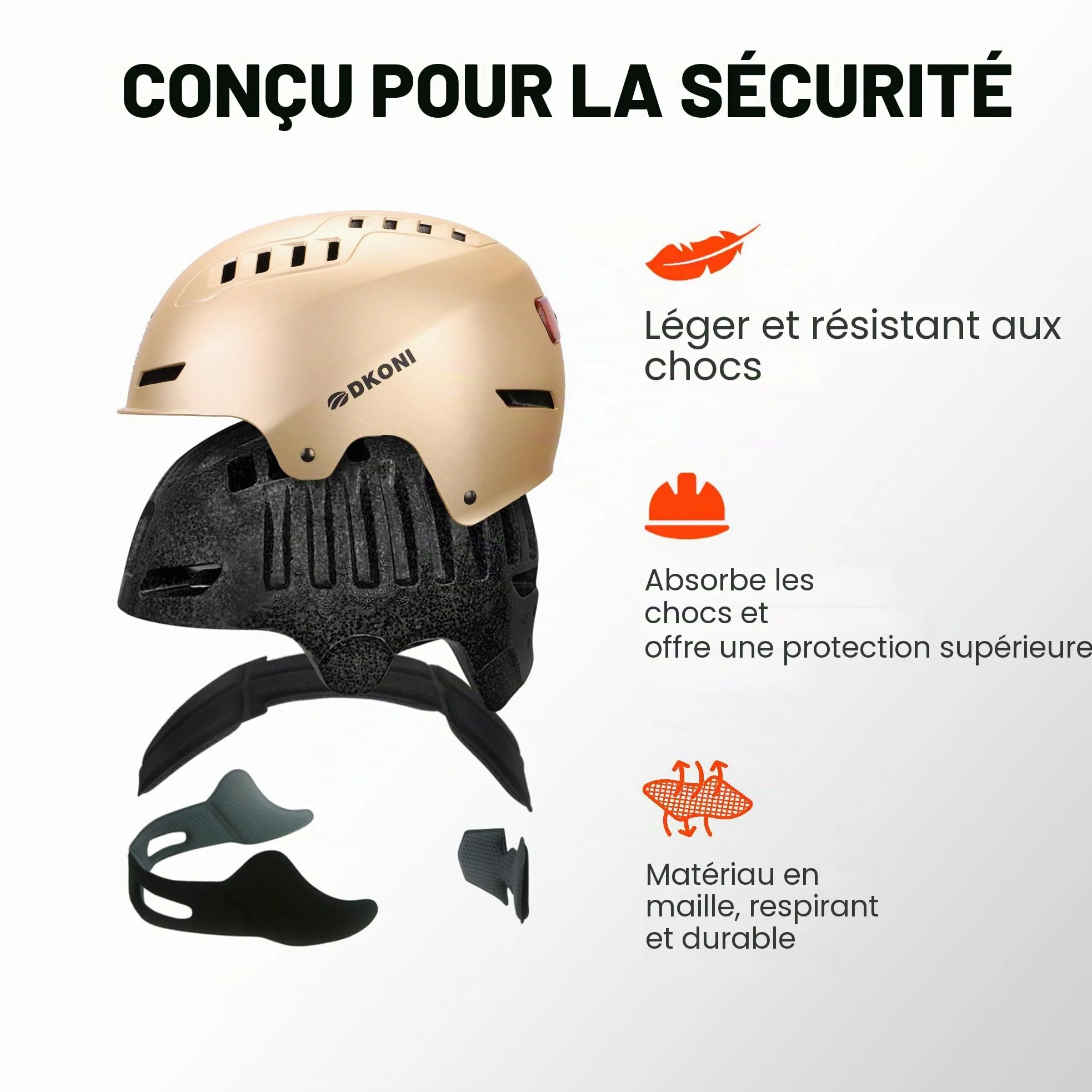 DKONI Casque de vélo avec lumières LED - Casque de vélo rechargeable par USB - Avec lumière LED avant et arrière - Pour homme et femme