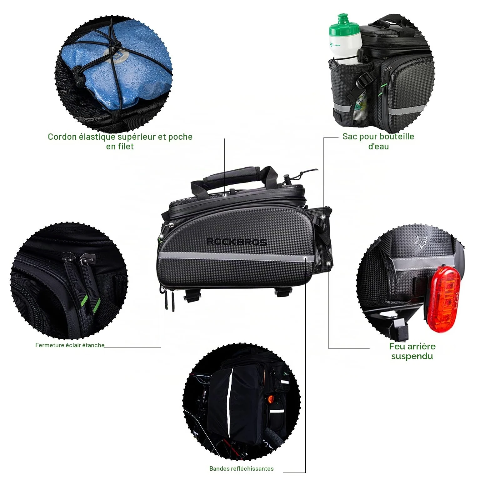 ROCKBROS Sacoche de Vélo Arrière Porte-Bagages Sac de Rangement Arrière de Transport pour Vélo de Route VTT Pliable 17-35L Portable Étanche avec Housse de Pluie Noir | Design 2 en 1, avec bretelles et porte-bouteille d'eau, bandes réfléchissantes, noir