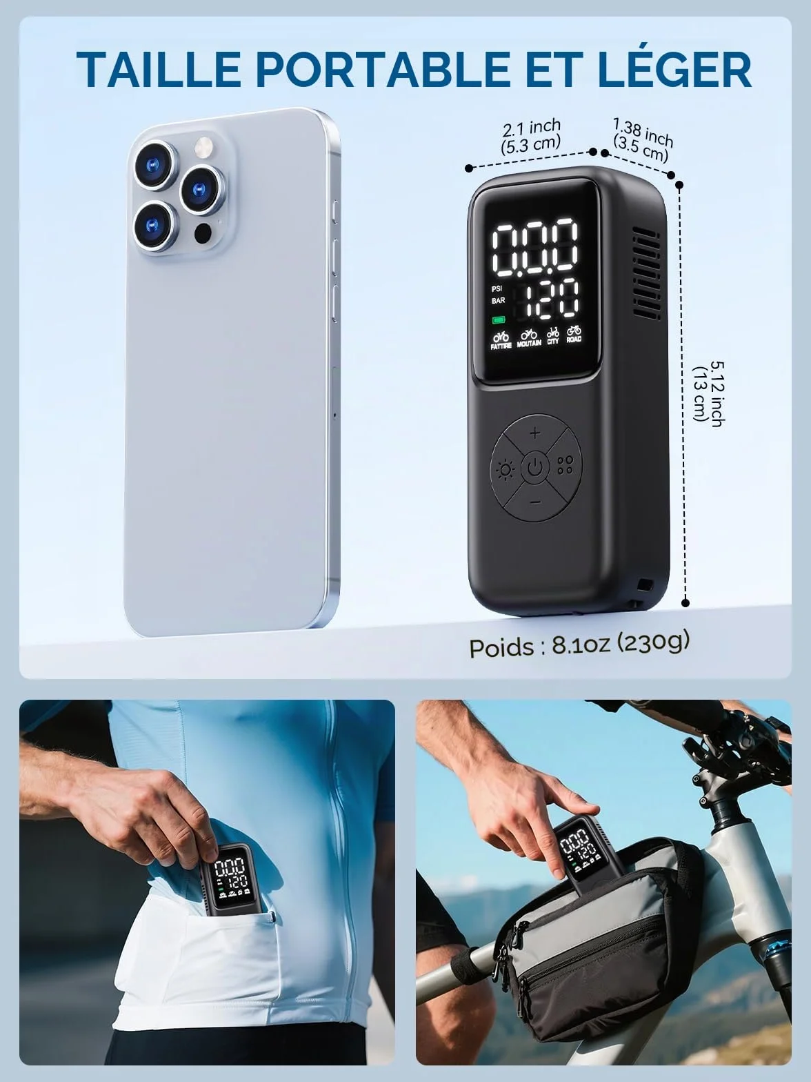 GPUTEK Pompe à vélo électrique 120 PSI avec jauge 5 Modes préréglés pour valves Schrader Presta