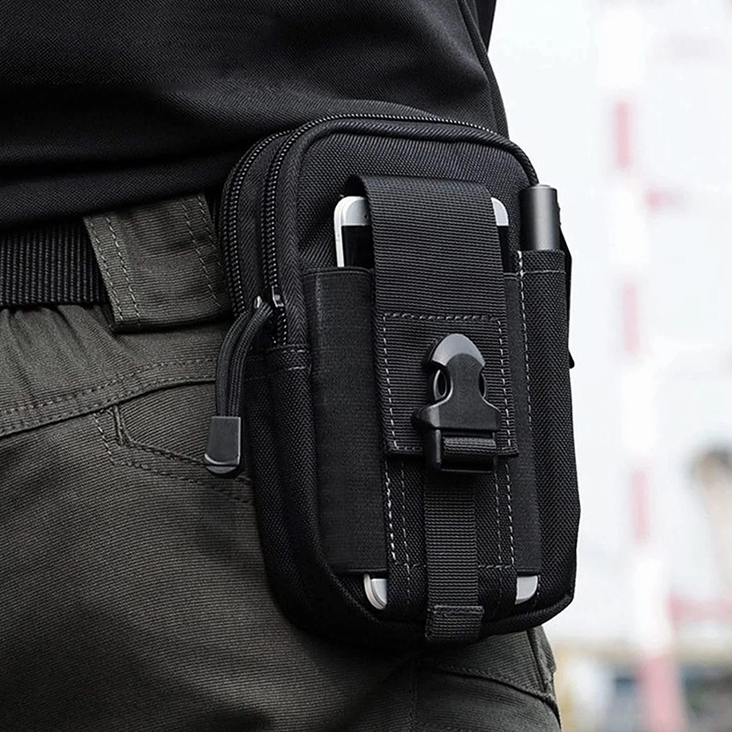 Flintronic Sac Tactique Ceinture Nylon Noir Molle EDC Gadget pour Téléphone Plein Air Randonnée Alpinisme Cyclisme avec Mousqueton