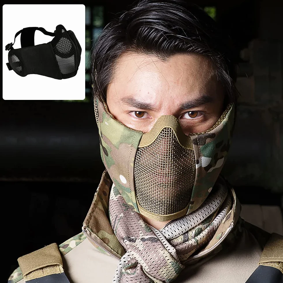 Demi-masque pliable airsoft en maille avec protection auditive pour paintball chasse