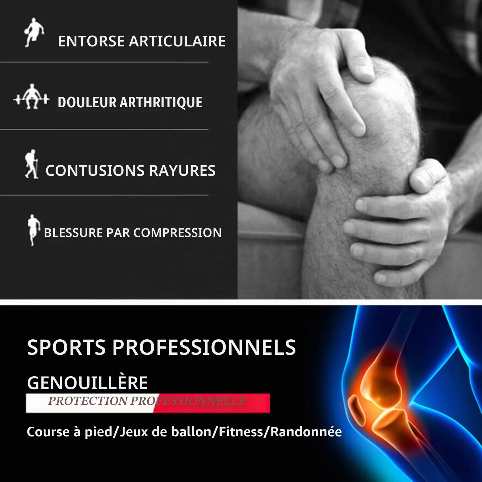 Genouillère Sport Rotulienne et Ligamentaire Compression pour Déchirure Ménisque Arthrose Genou L