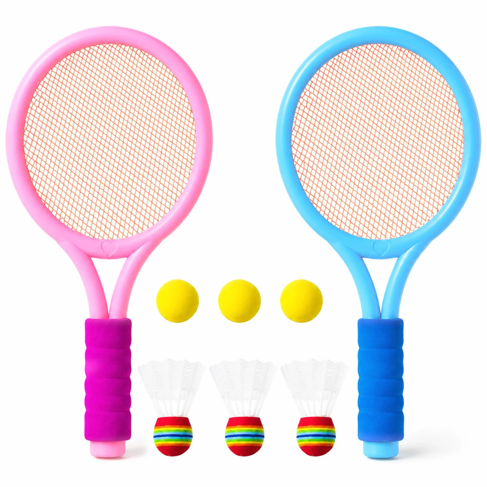 Federball Set Kinder mit 3 Badmintonbälle und 3 Tennisbälle, Tennisschläger Badminton Raquette Spielzeug