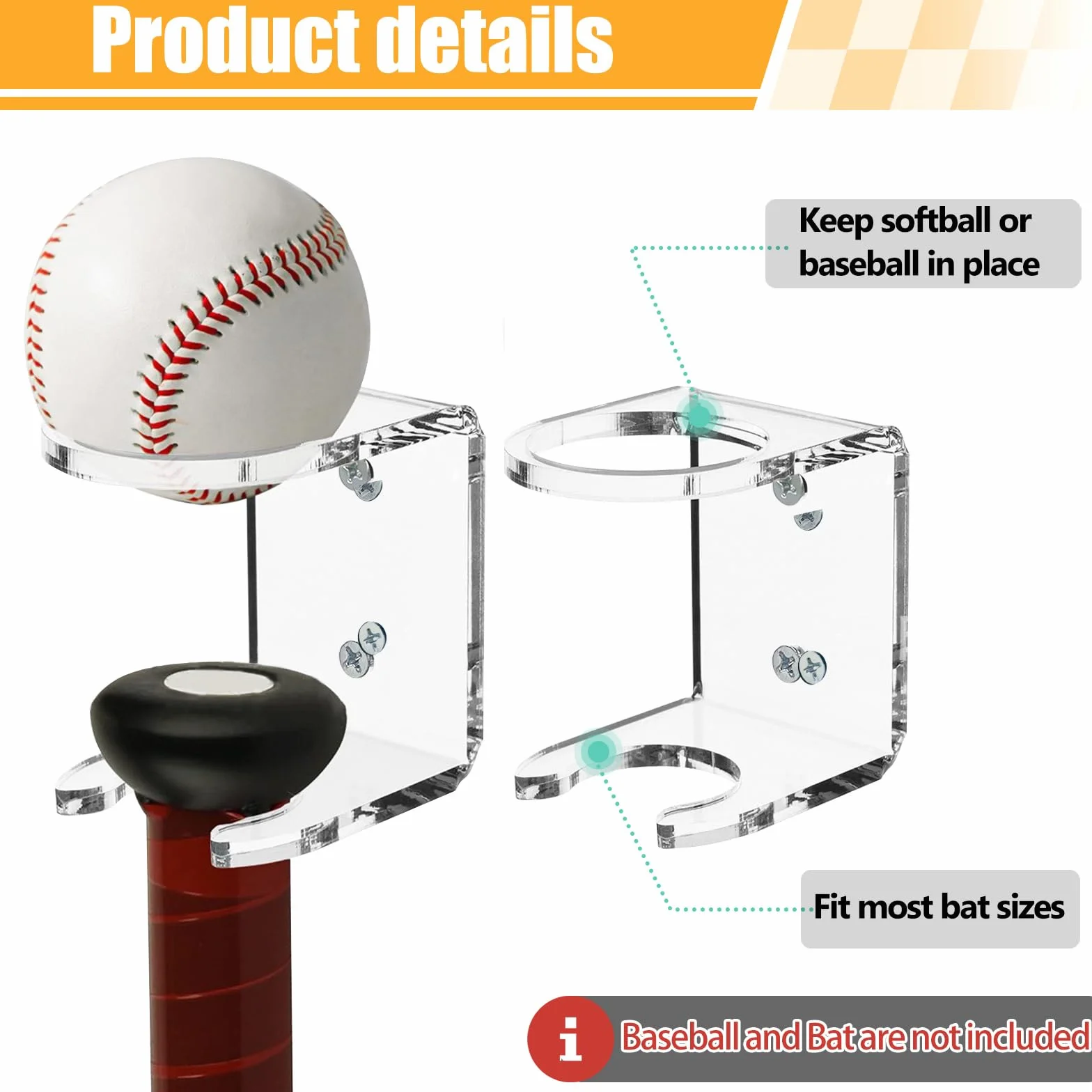 Lot de 2 supports muraux en acrylique pour rangement de batte de baseball - Organisateur d'équipements sportifs
