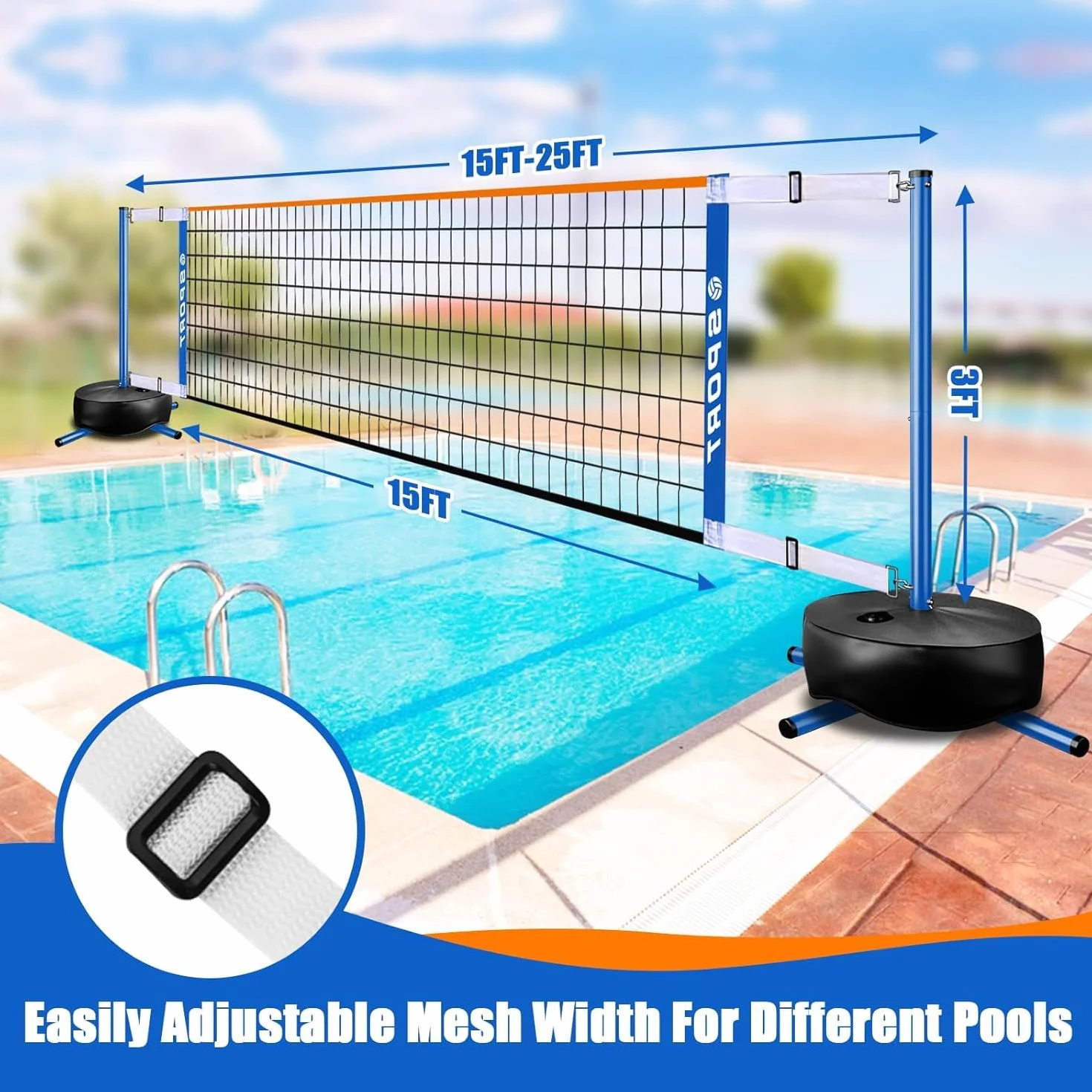 Furypiont Filet de volleyball portable pour piscine – Longueur réglable 4,5-7,6 m avec 2 balles d'eau