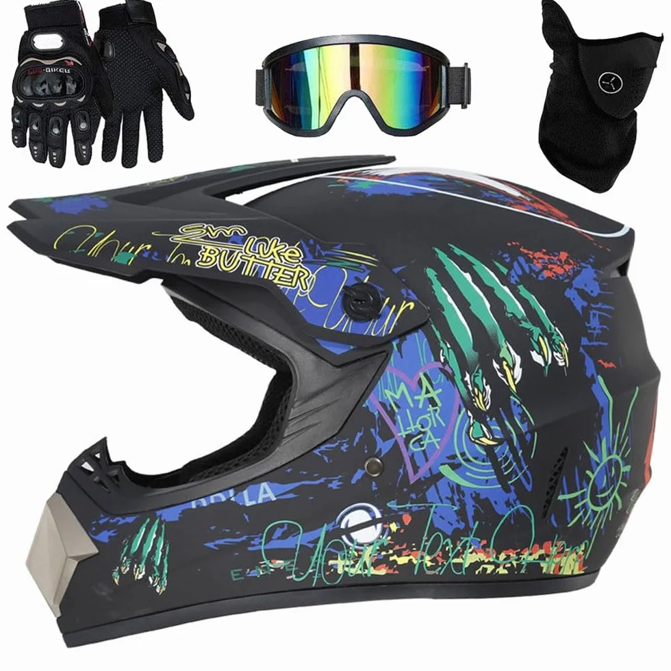 Casque Motocross Intégral Unisexe 9-14 Ans avec Lunettes Gants Masque