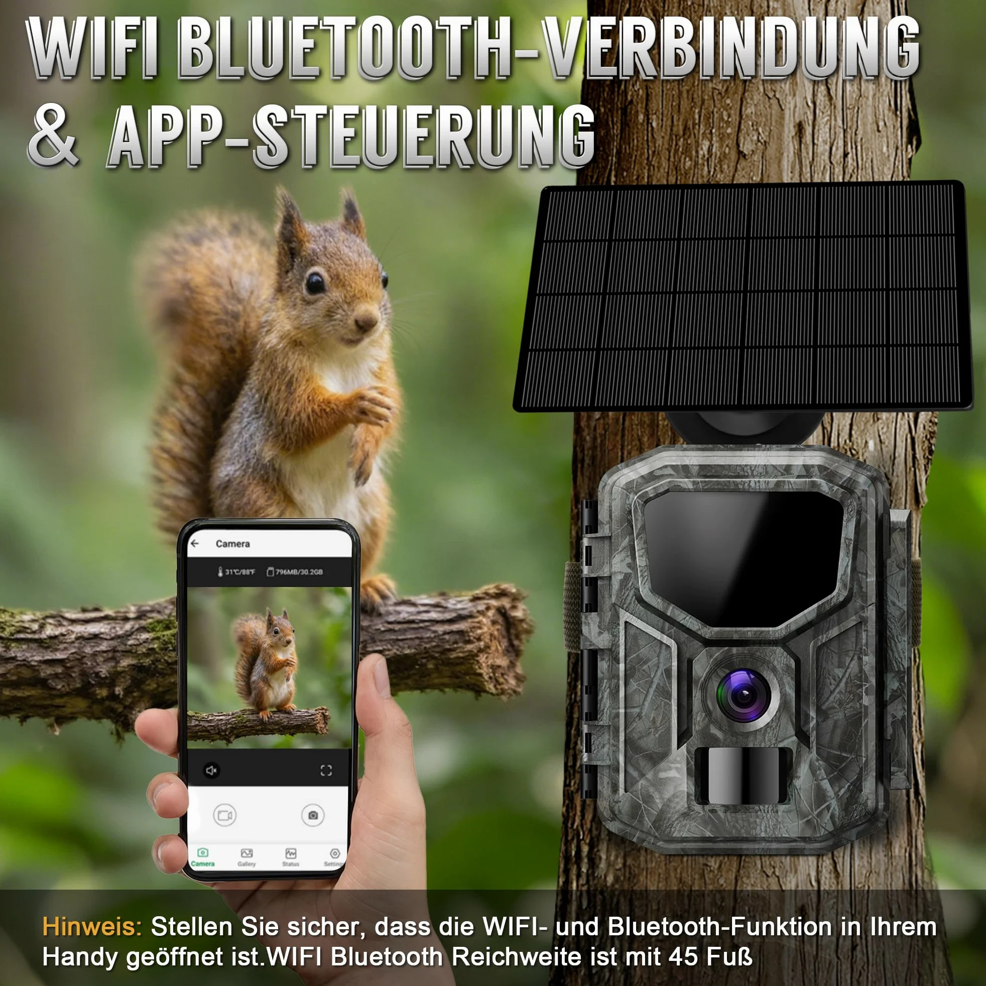 Caméra de chasse solaire 8K avec application illimitée gratuite, batterie 7800 mAh, vision nocturne 850 nm, détection de mouvement 0,1 S, étanche IP66, avec carte mémoire de 32 Go, caméra pour
