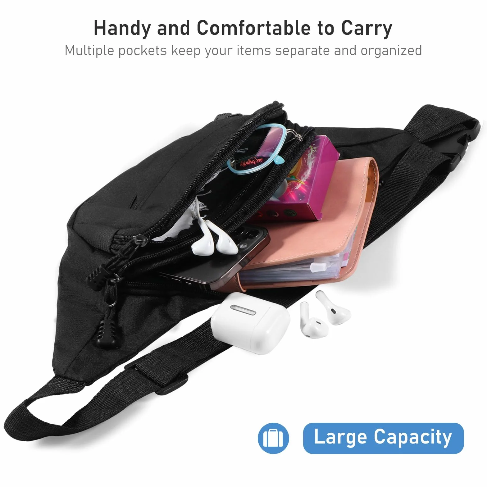 Vinabo Sac Banane Femme & Homme Sacoche Ville Imperméable Unisexe à Effet Holographique Femme Chic Brillant Sac à la Taille pourd'entraînement en Plein air Randonnée Camping, Noir
