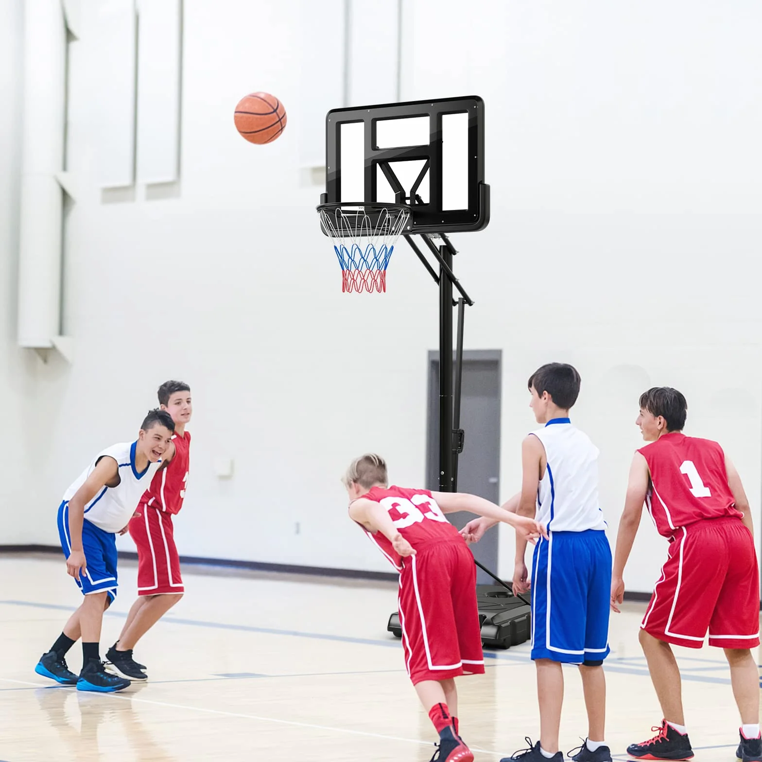 COSTWAY Panier de Basket-Ball Hauteur Réglable 145-305cm, Support Portable à Roulettes avec Base Remplissable, Panneau Arrière 111cm