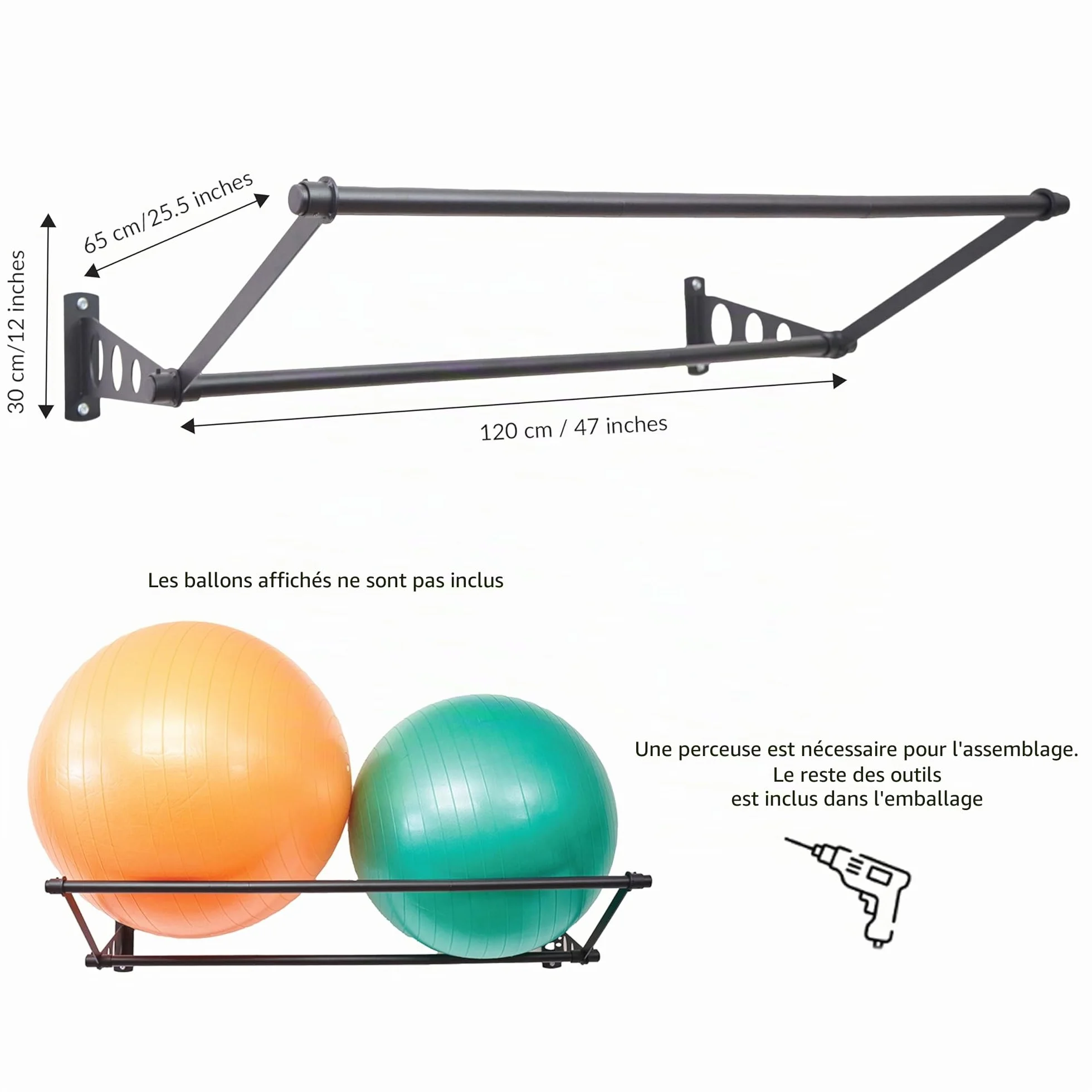 Support Mural pour Ballons d'Exercice de Fitness Stabilité Noir Mat