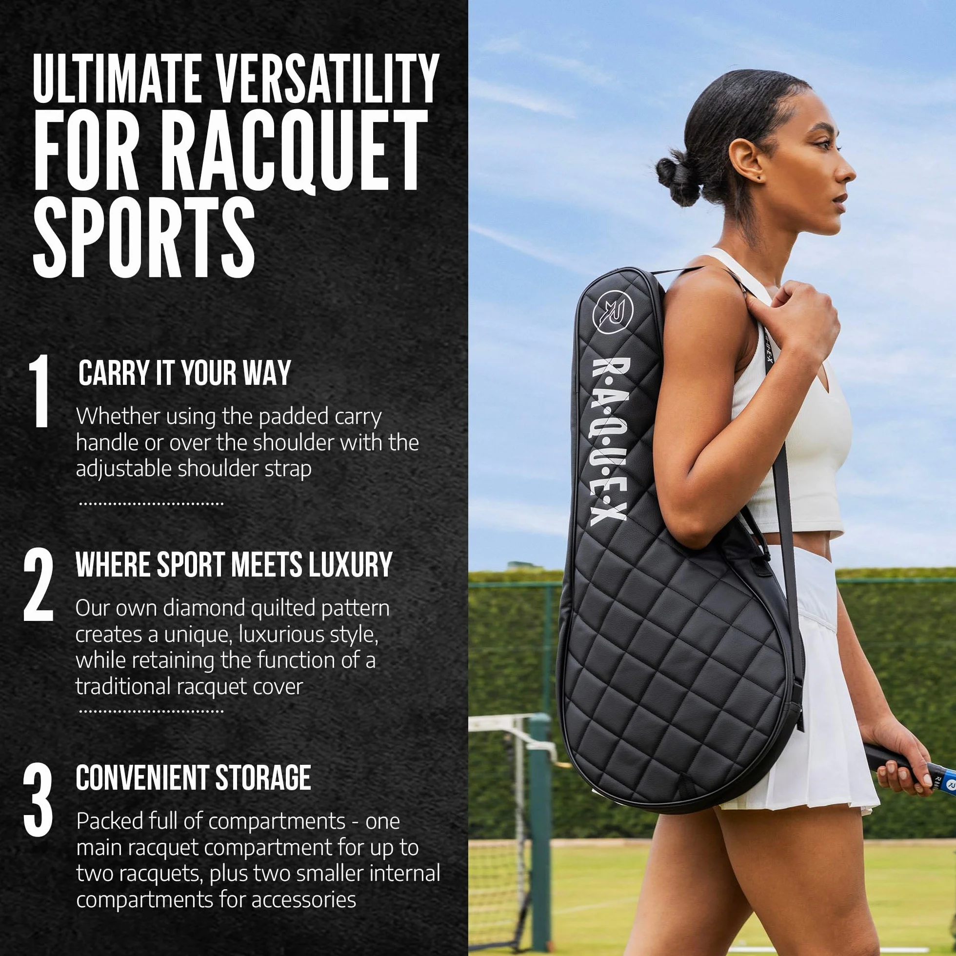 Raquex Elite Housse de protection pour raquette de tennis 2 – Sac matelassé en similicuir rembourré – Noir