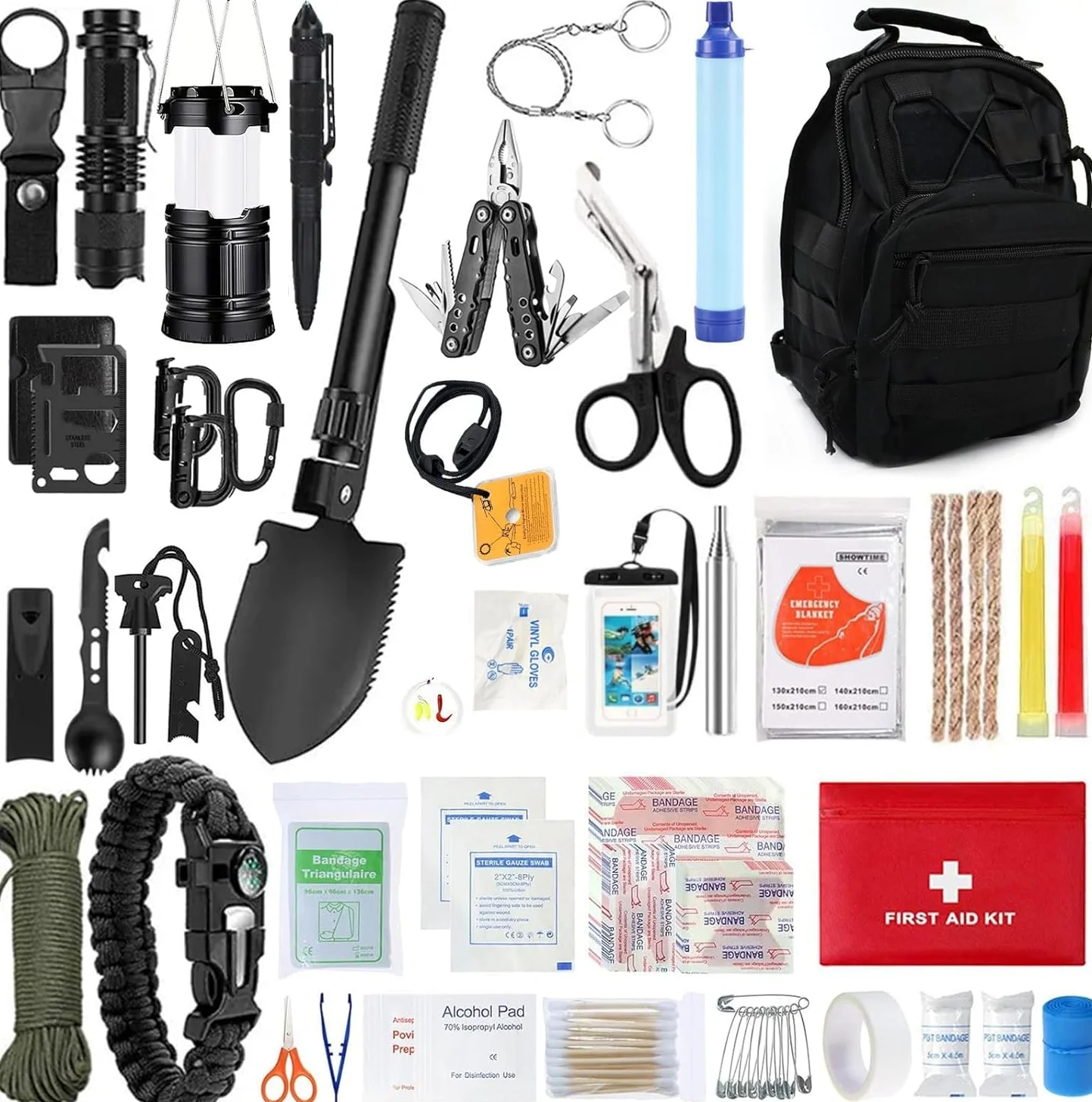 Kit de survie avec kit de premiers secours, 180 pièces, équipement de survie avec filtre à eau, paille, lampe de camping, pince multifonction, couteau pour homme, pince pliante, aventures de voyage