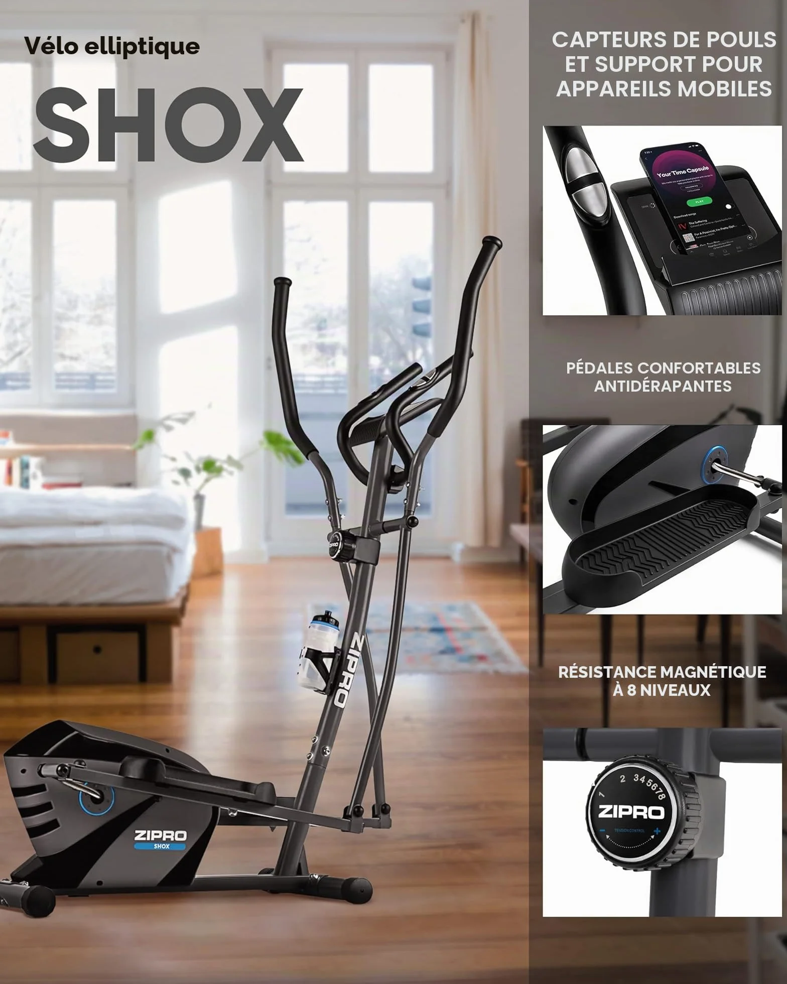 Zipro Crosstrainer Shox, vélo elliptique 120 kg, 8 Niveaux de résistance, équipement Cardio Domicile