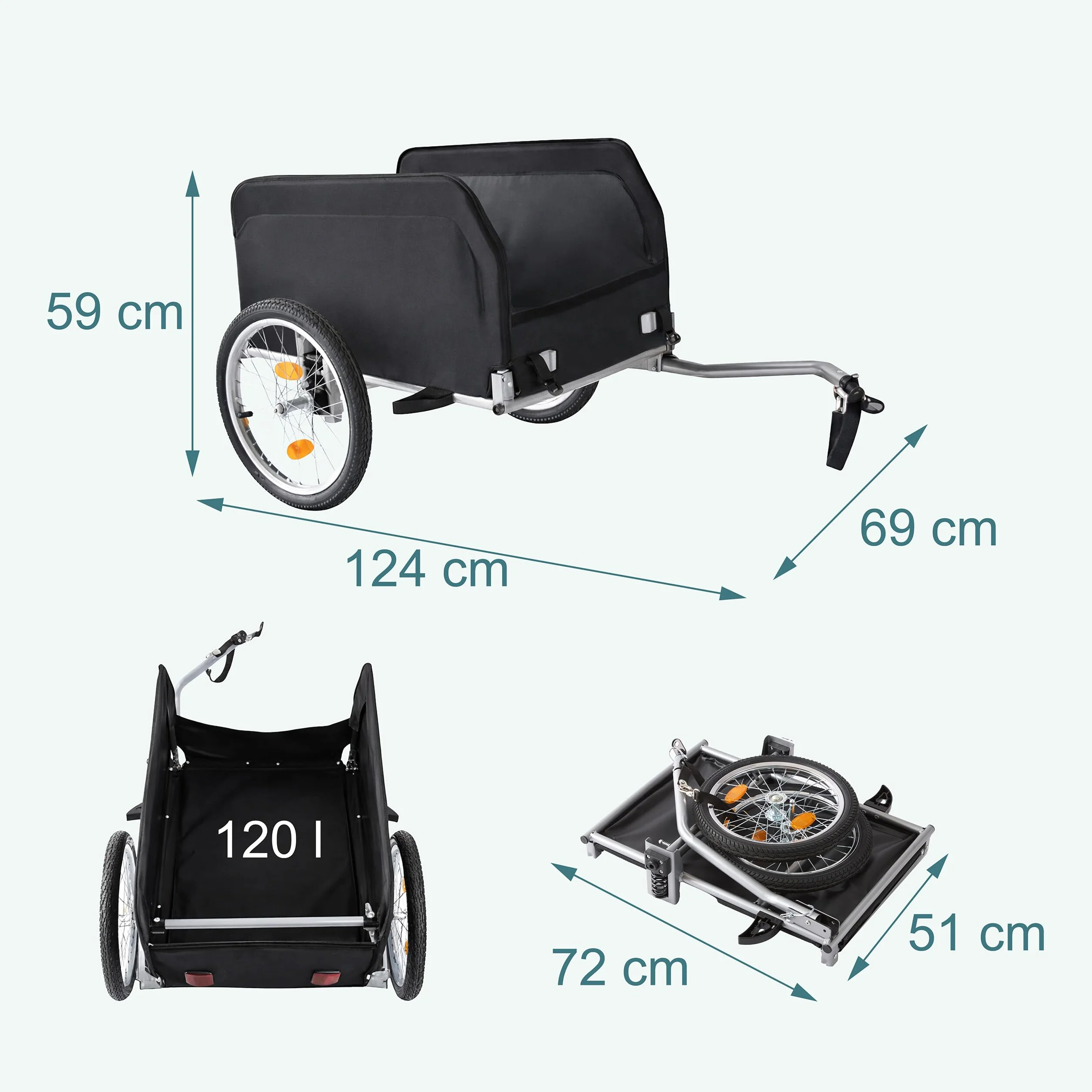 Relaxdays Remorque à vélo pliable 120 L Housse imperméable Drapeau 59x124x69 cm