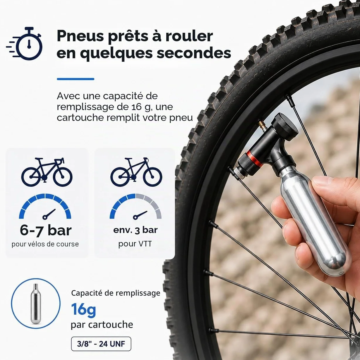 Cartouches CO2 16g Filetée pour Pompe à CO2 - Gonfleur Pneu Vélo Route VTT