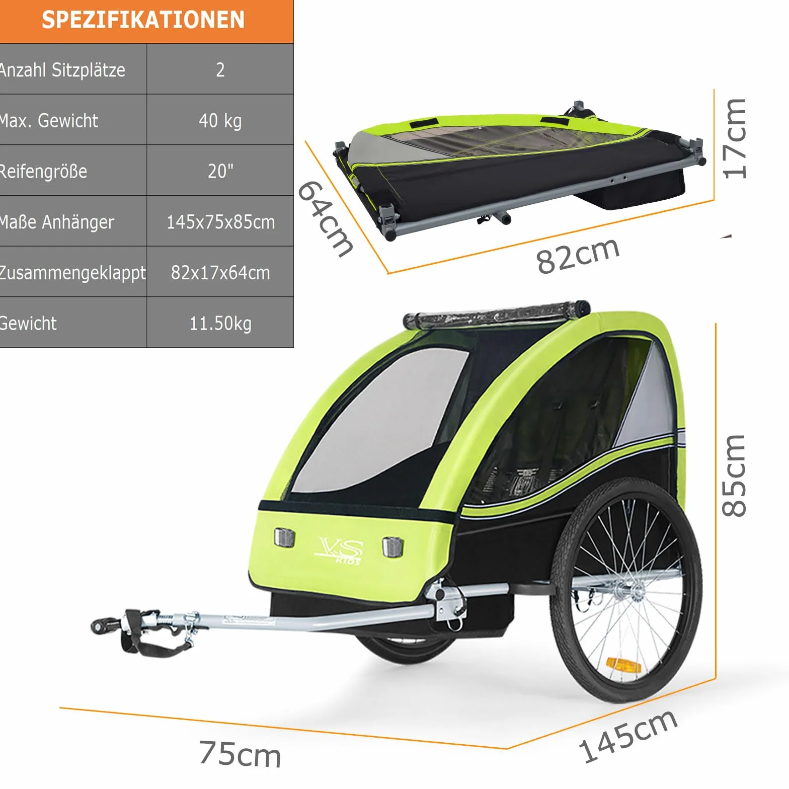 Tiggo VS 50201 Remorque pour Enfants Biplace Tout-Terrain