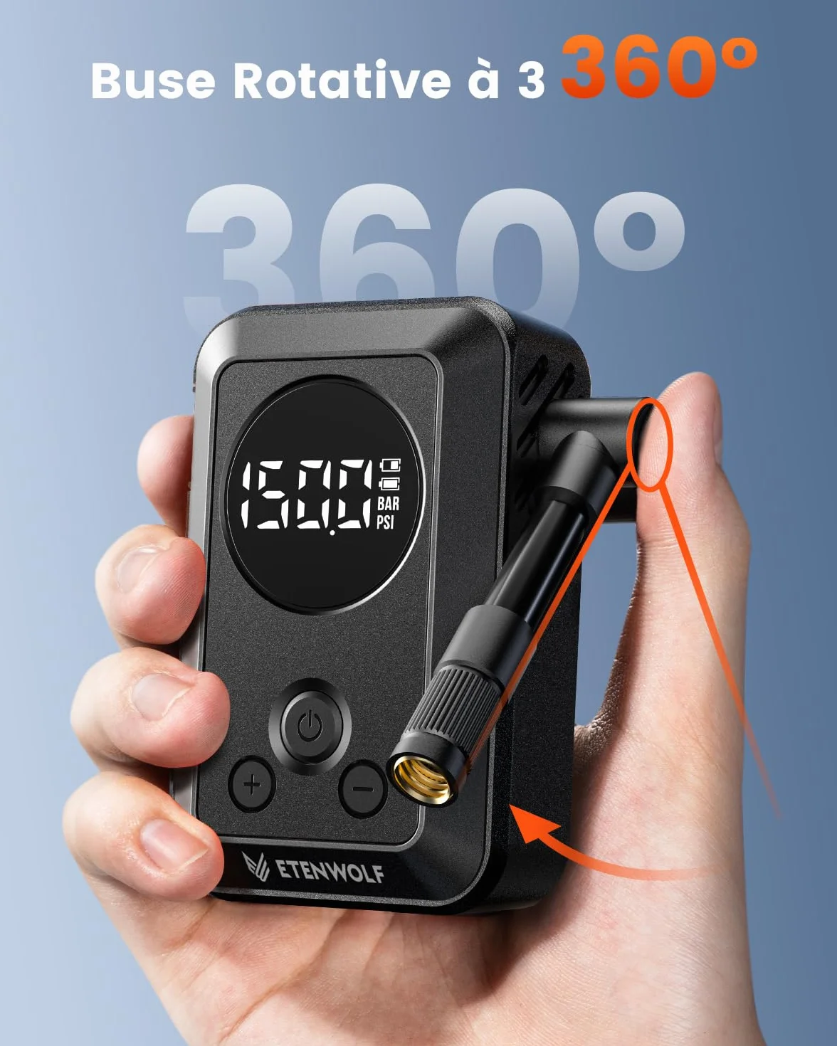 ETENWOLF Pompe à vélo électrique 10,34 Bar Portable avec valves Presta et Schrader
