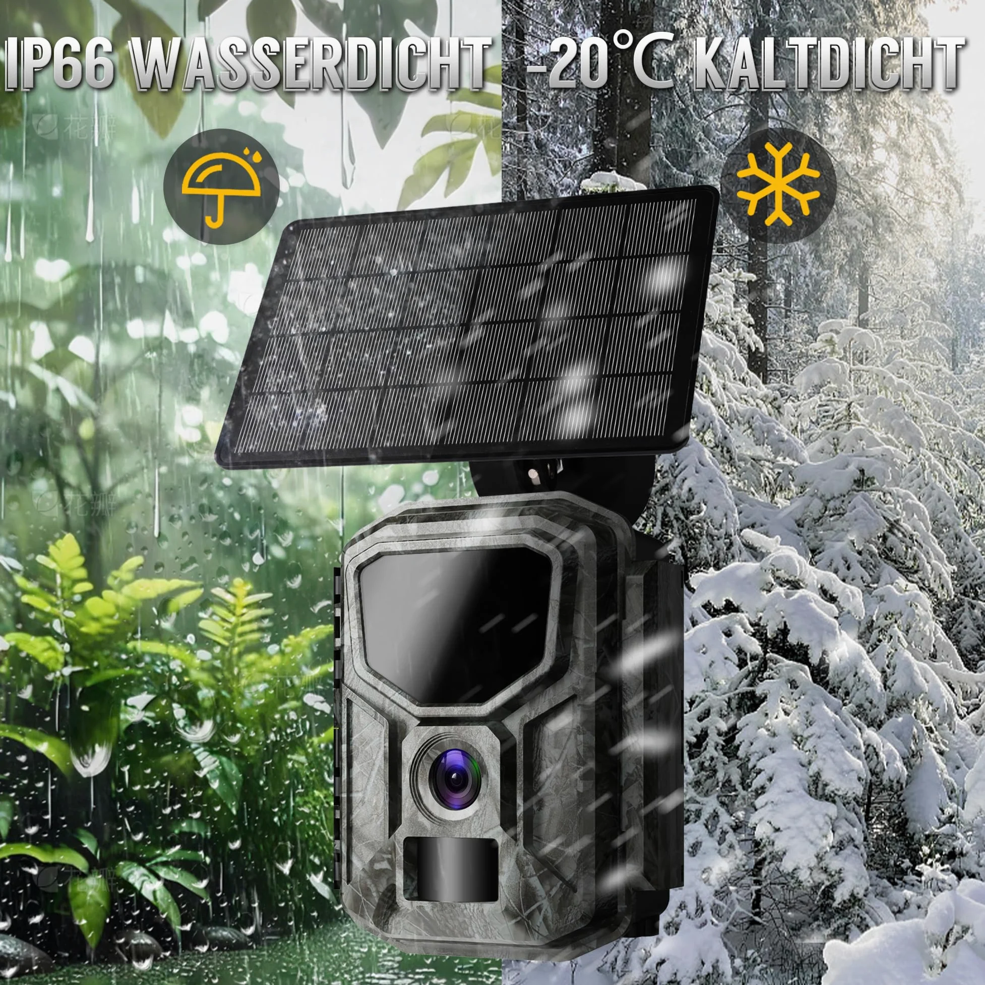 Caméra de chasse solaire 8K avec application illimitée gratuite, batterie 7800 mAh, vision nocturne 850 nm, détection de mouvement 0,1 S, étanche IP66, avec carte mémoire de 32 Go, caméra pour
