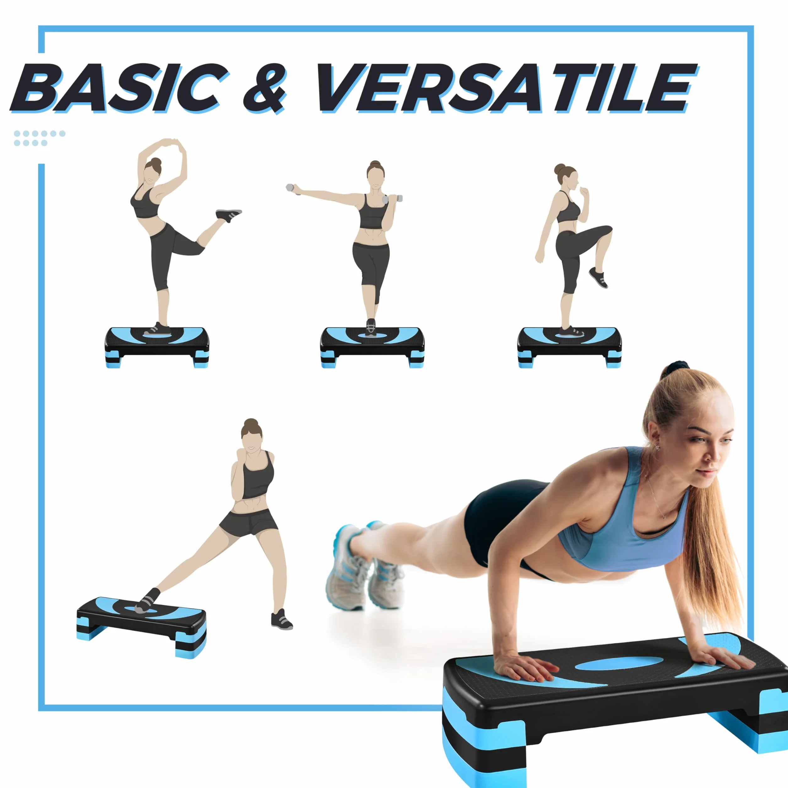 Step de Fitness Stepper 79,5 x 30 x 20cm Réglable 3 Hauteurs Bleu