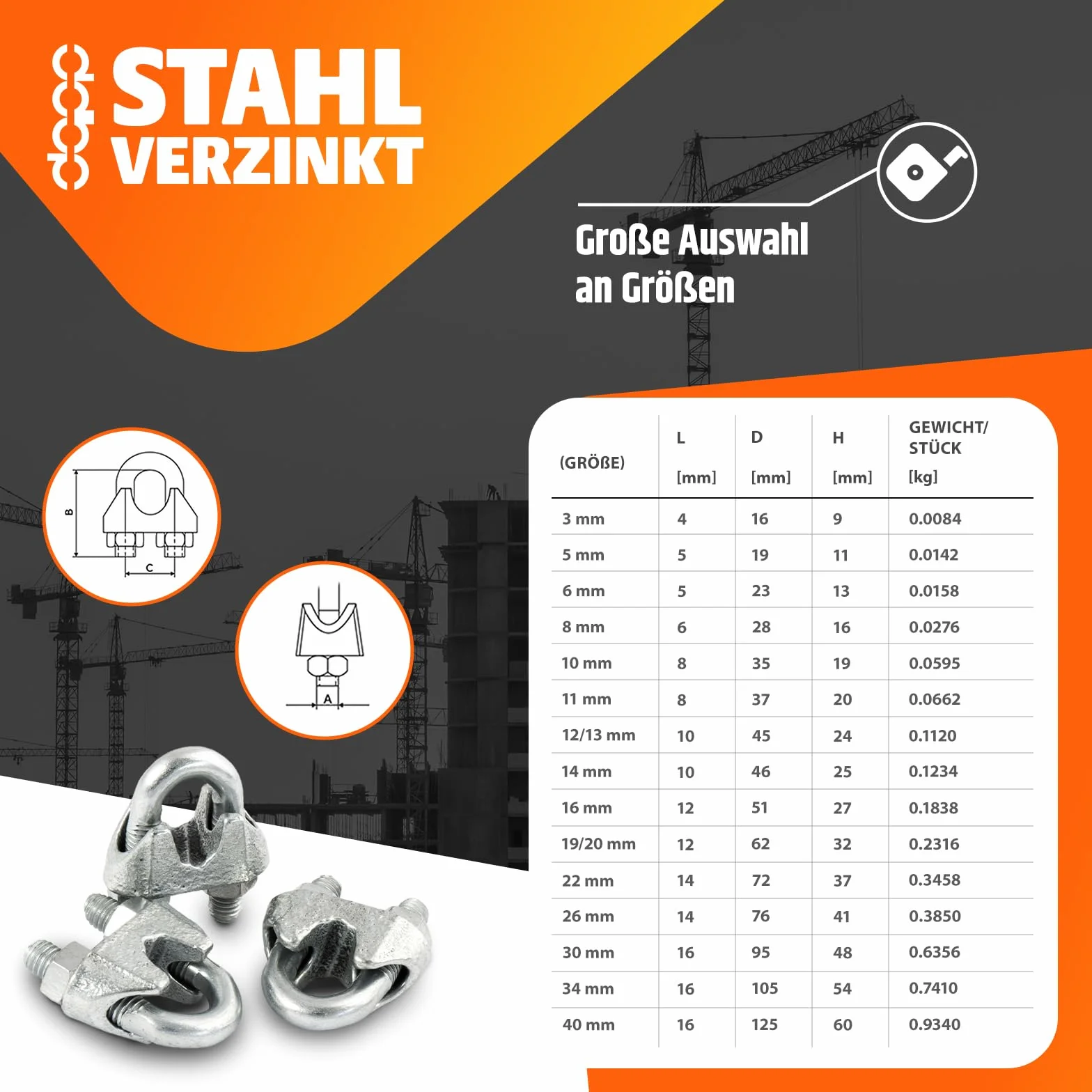 DQ-PP SET 30m câble acier galvanisé 6x19 6mm + 4 serre-câbles étrie et 2 cosse coeur