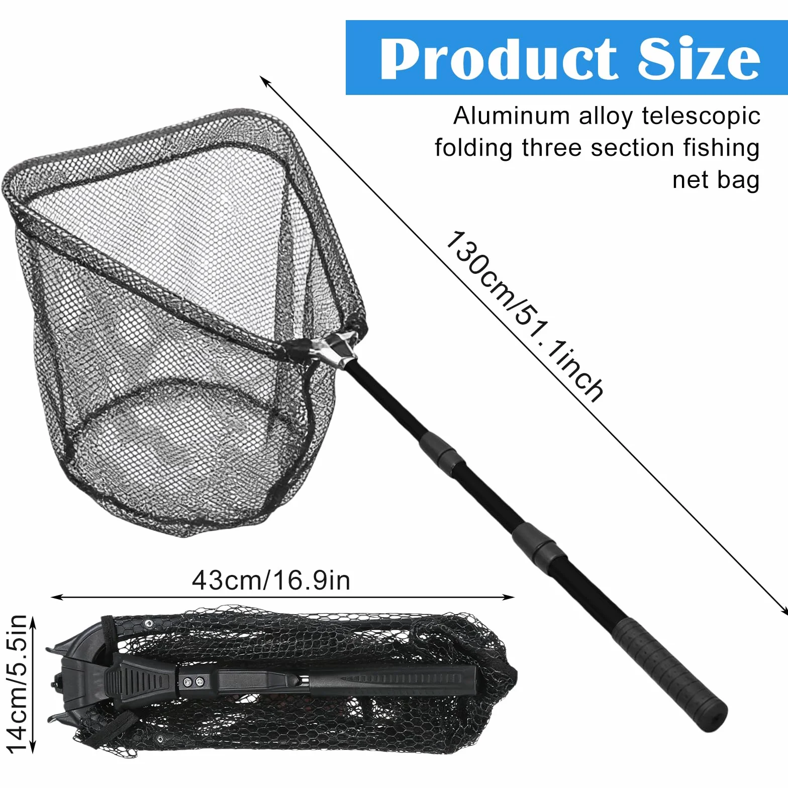 Épuisette De Pêche, Épuisette De Pêche Pliable 130cm avec Sac De Rangement, Épuisette De Pêches Télescopiquem, 3 Section, Épuisette Peches Carpe pour Carpe Truite Crevette Etang Bassin Poisson