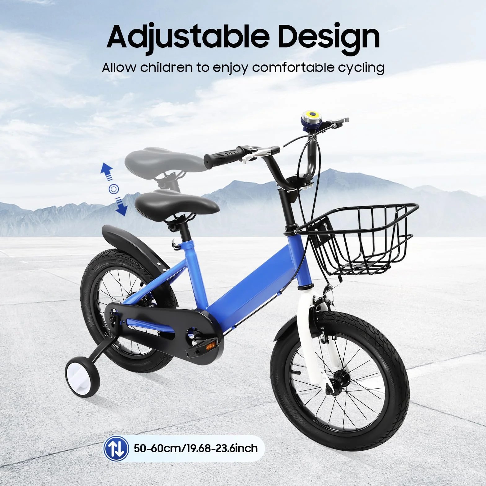 Vélo enfant 14 pouces avec roues stabilisatrices et panier, hauteur réglable, bleu