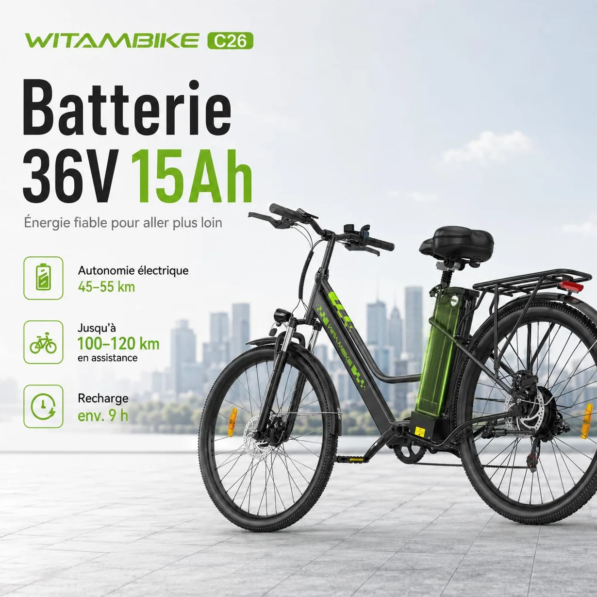 Vélo Électrique 26 Pouces 250W 36V 15Ah Batterie Amovible Smart Urban E-Bike Adulte