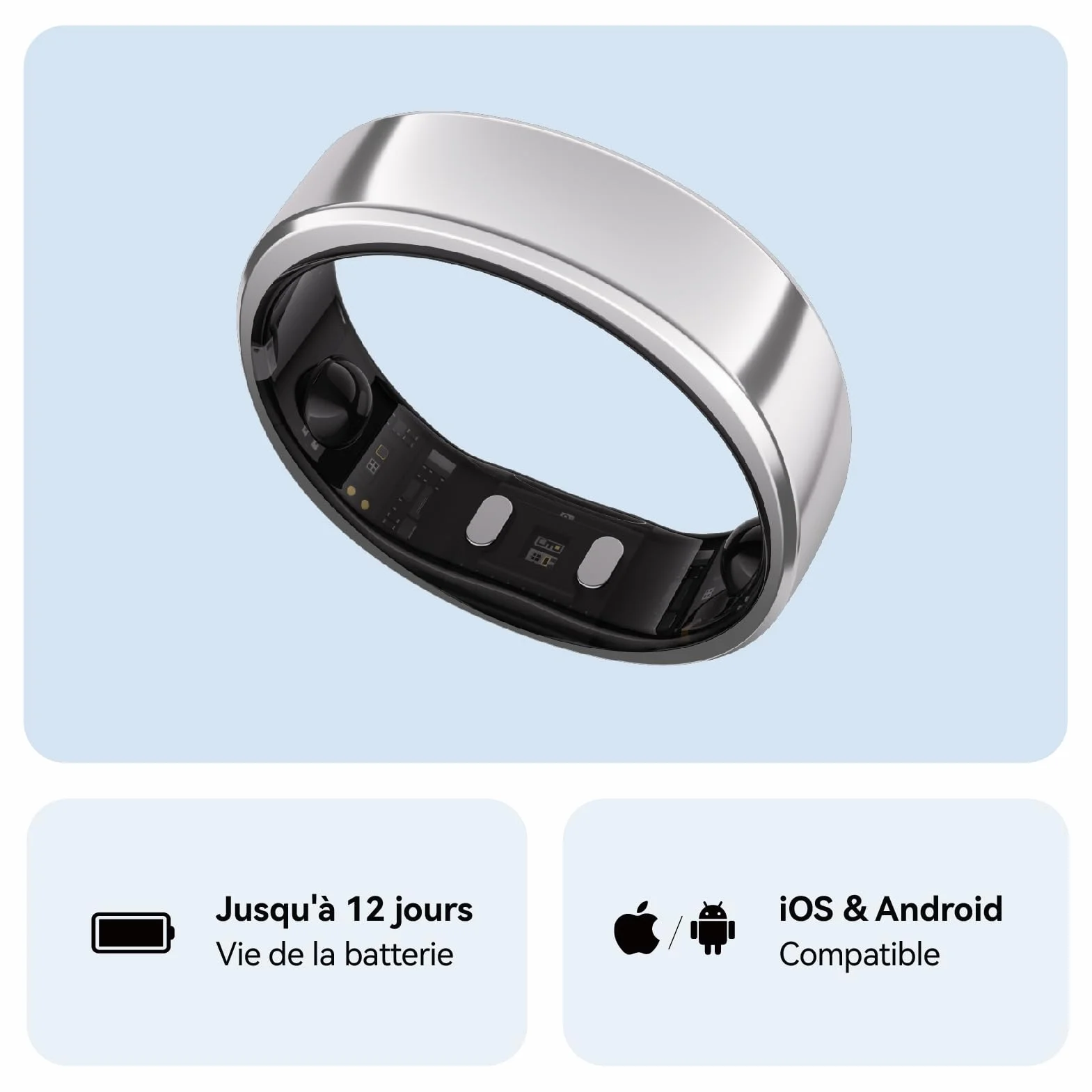 RingConn Gen 2 Smart Ring Suivi Apnée Sommeil 12 Jours Autonomie Argent Taille 8