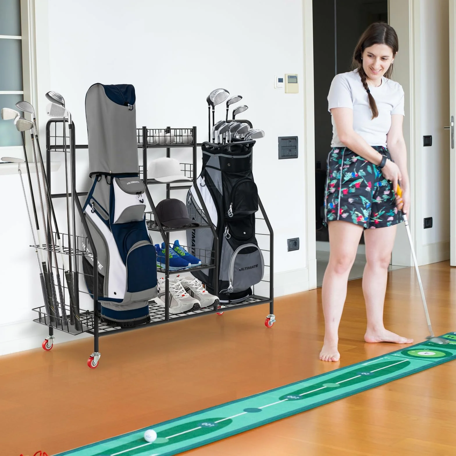 GYMAX Organiseur de Rangement Clubs de Golf Métal 4 Roues 120,5x37,5x105 cm