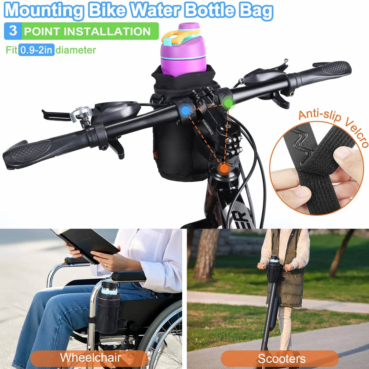 Porte Gourde Velo 12-24oz Sans Vis avec Poche en Maille et Bandoulière pour Bouteille de Vélo
