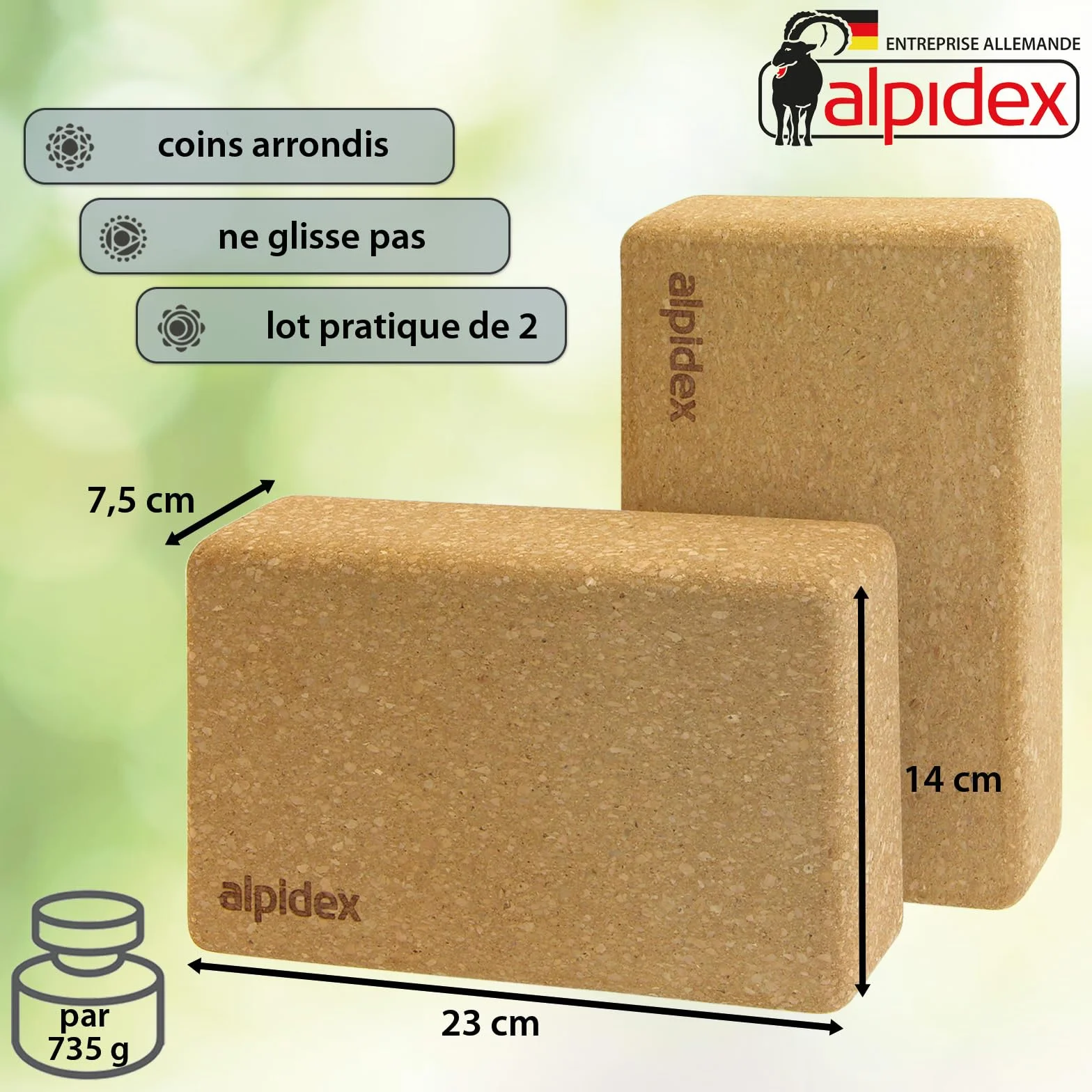 ALPIDEX Bloc de liège Yoga Brique lot de 2 23 x 14 x 7.5 cm