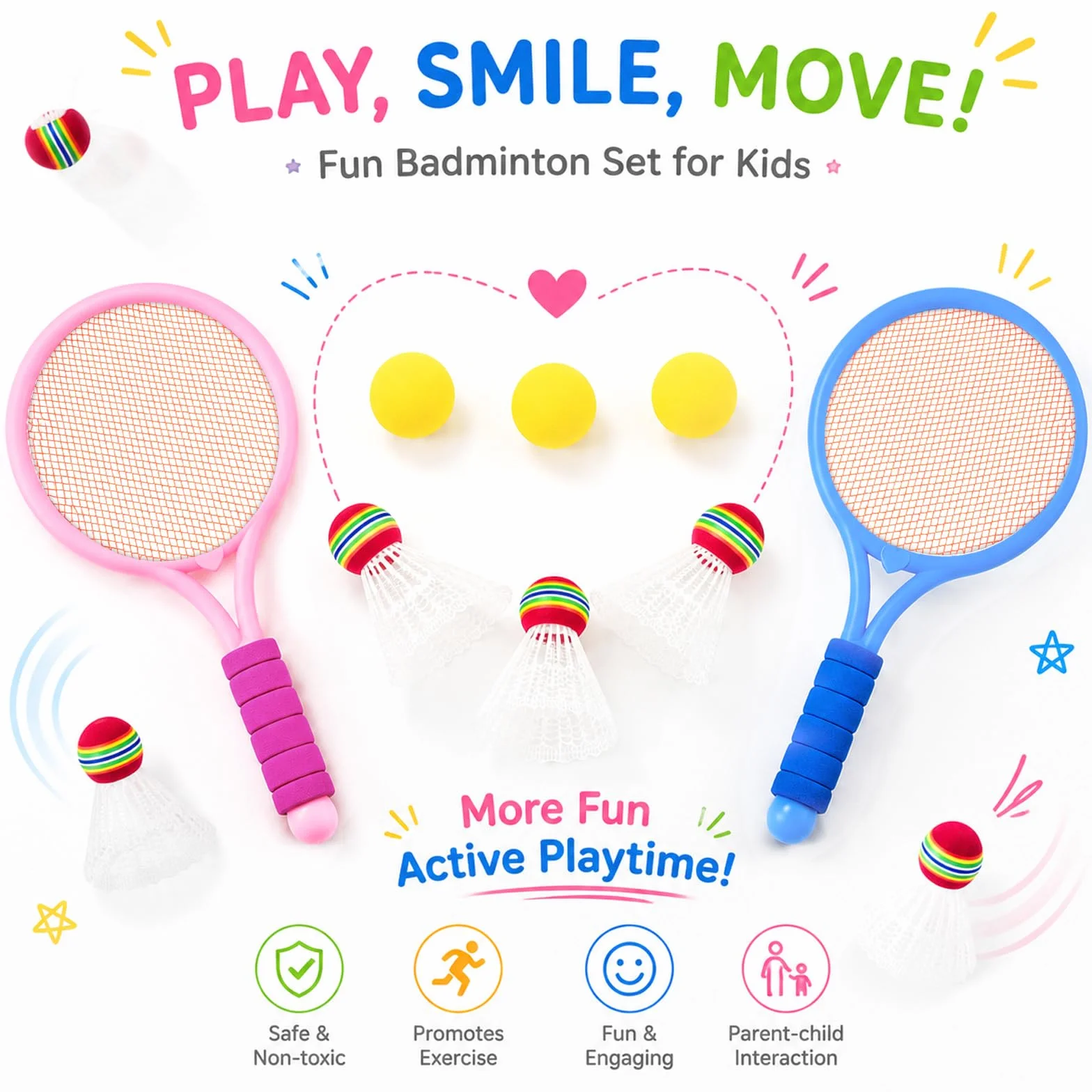 Federball Set Kinder mit 3 Badmintonbälle und 3 Tennisbälle, Tennisschläger Badminton Raquette Spielzeug