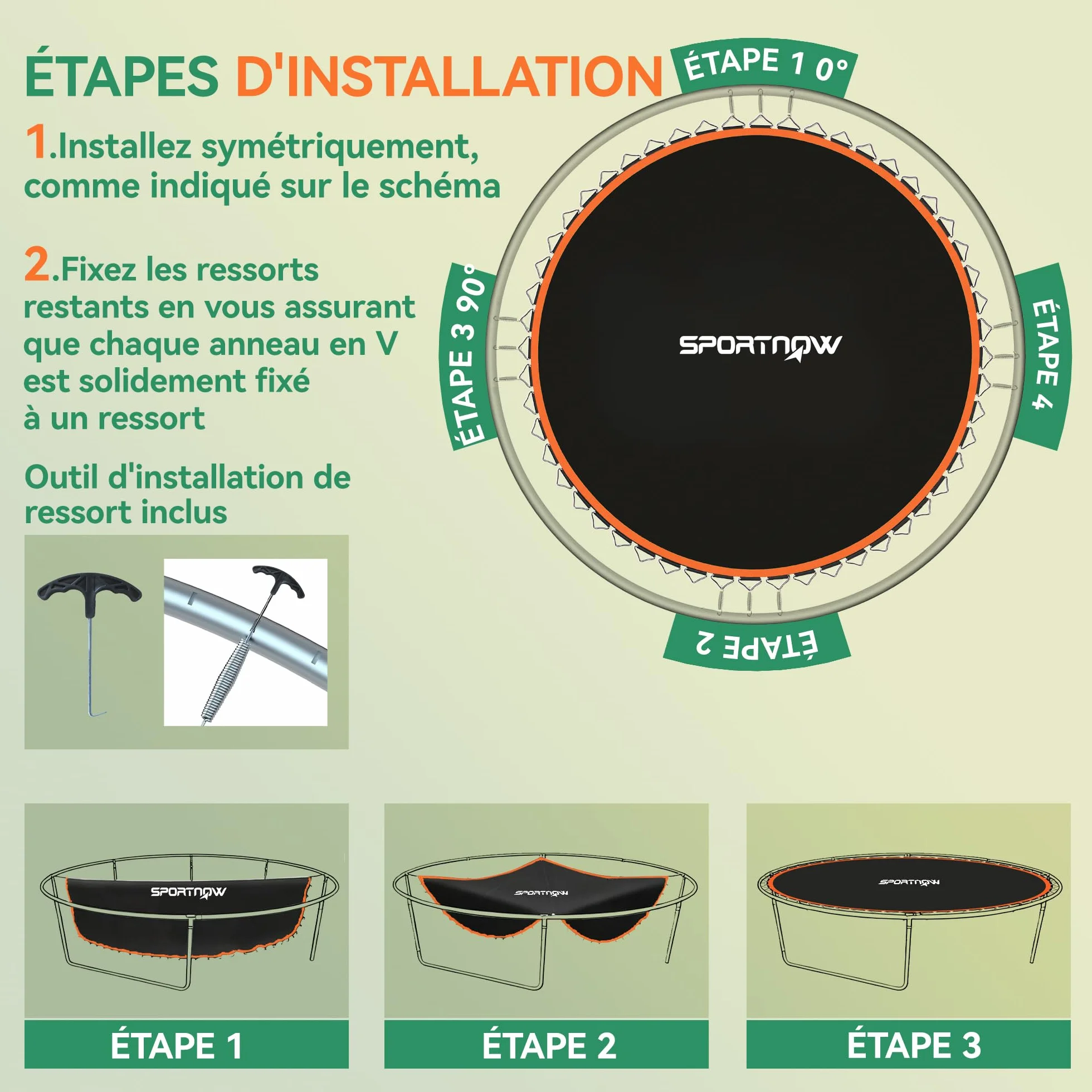 SPORTNOW Tapis de Rechange pour Trampoline avec Outil de Traction à Ressort et Crochets en V