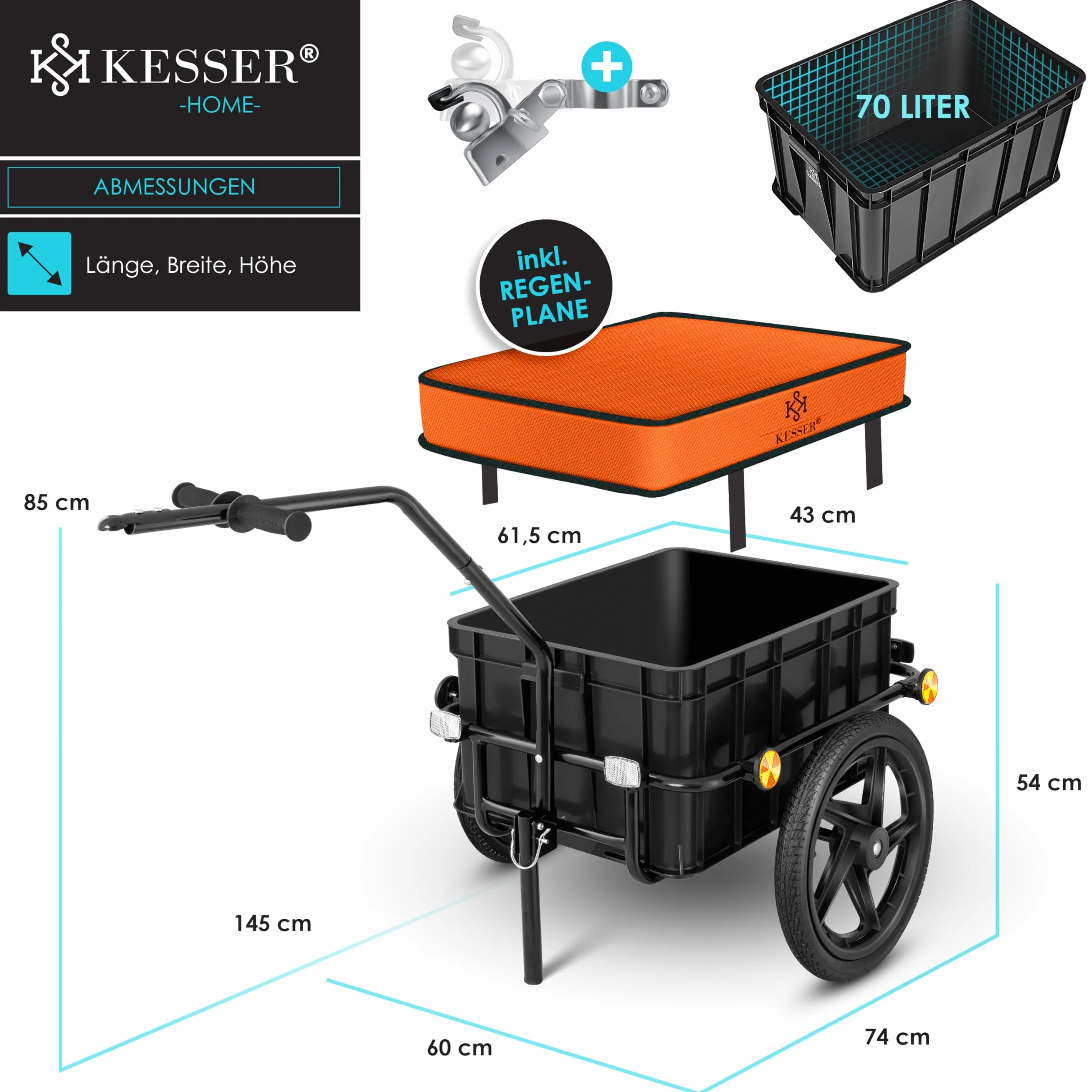 KESSER® Remorque Vélo Chariot Transport 70L 60kg