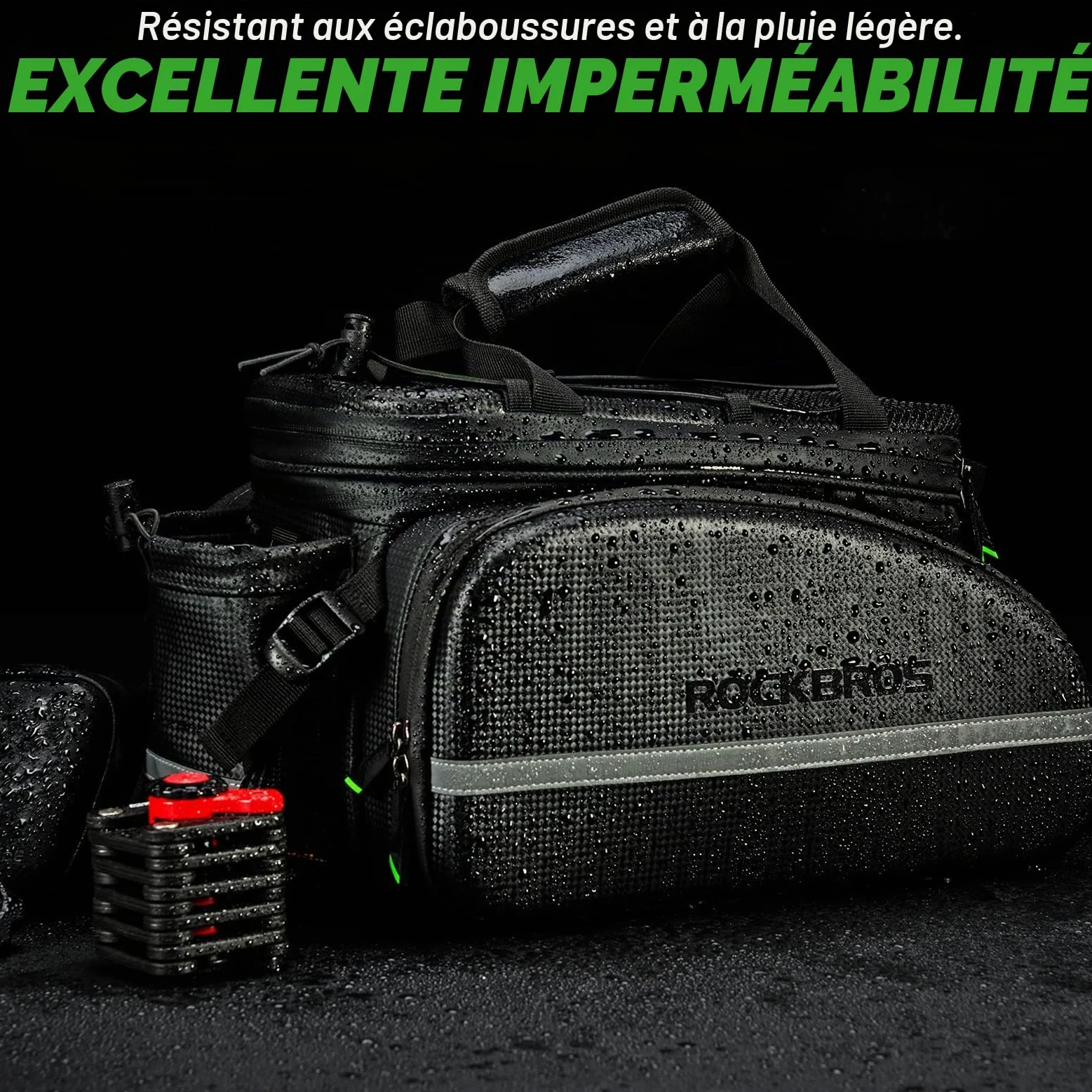 ROCKBROS Sacoche de Vélo Arrière Porte-Bagages Sac de Rangement Arrière de Transport pour Vélo de Route VTT Pliable 17-35L Portable Étanche avec Housse de Pluie Noir | Design 2 en 1, avec bretelles et porte-bouteille d'eau, bandes réfléchissantes, noir