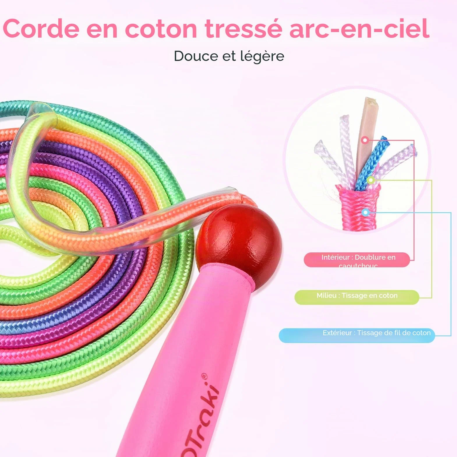 Corde à sauter arc-en-ciel réglable pour enfants avec poignée en bois