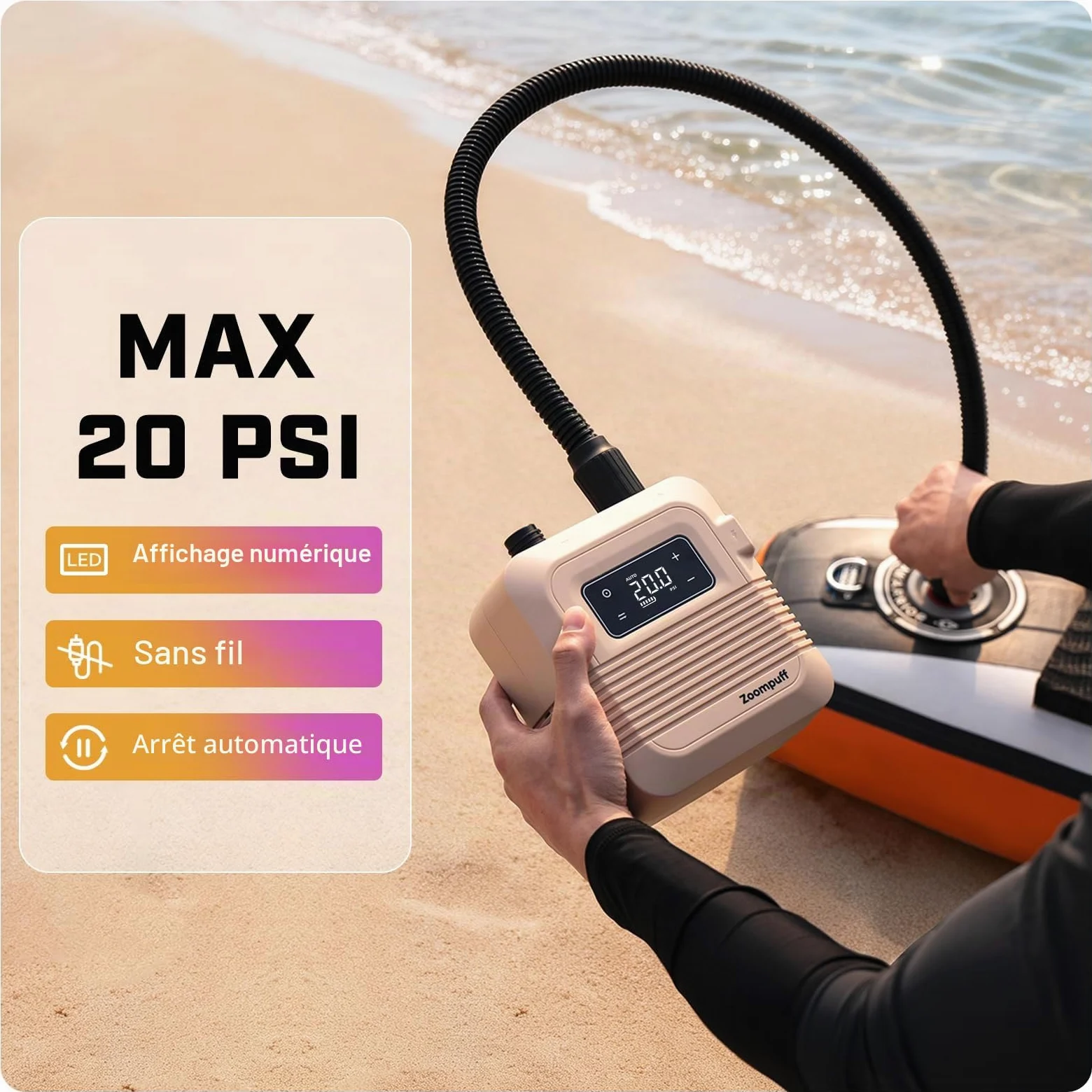 Pompe Sup électrique, Sup Rechargeable 20 PSI, gonflage Rapide | 5 min à 12 PSI, 1,14 kg légère, Batterie 38,48Wh, Gonflage/dégonflage double étage, 7 embouts, SUP, bateaux, kayaks