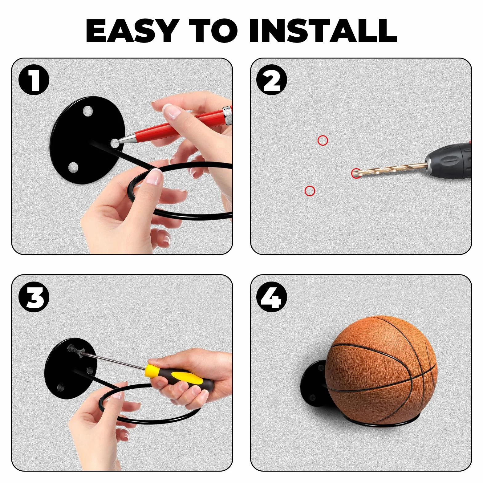 Porte Ballon Basket Supports Mural 4 Pièces, Rangement Ballons Football Volley, Noir