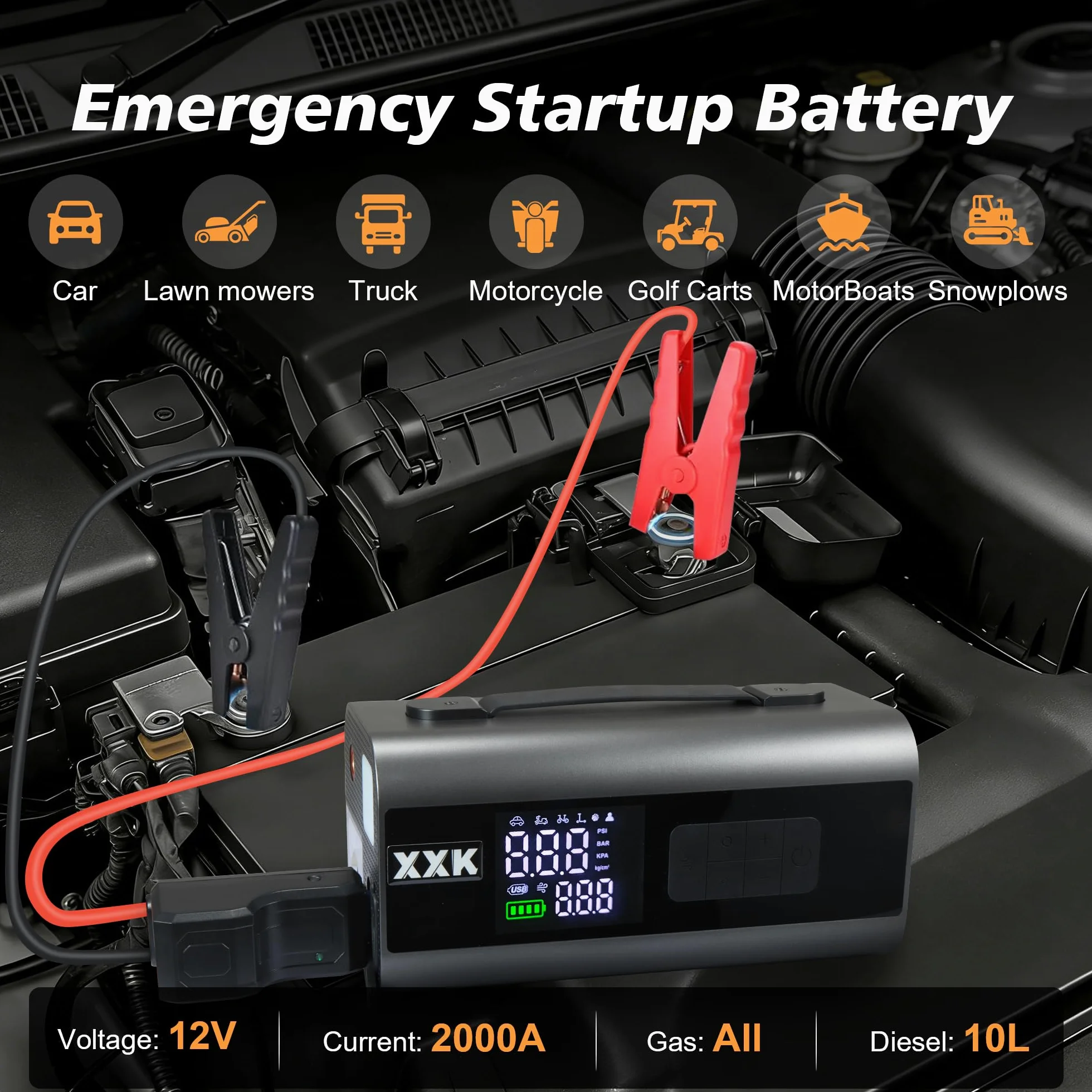 Gonfleur de pneu portable et démarreur de voiture, pompe à air de 150 PSI avec jauge numérique, lumière LED, arrêt automatique, aspiration et soufflage d'air, pour balles de voiture, moto, vélo