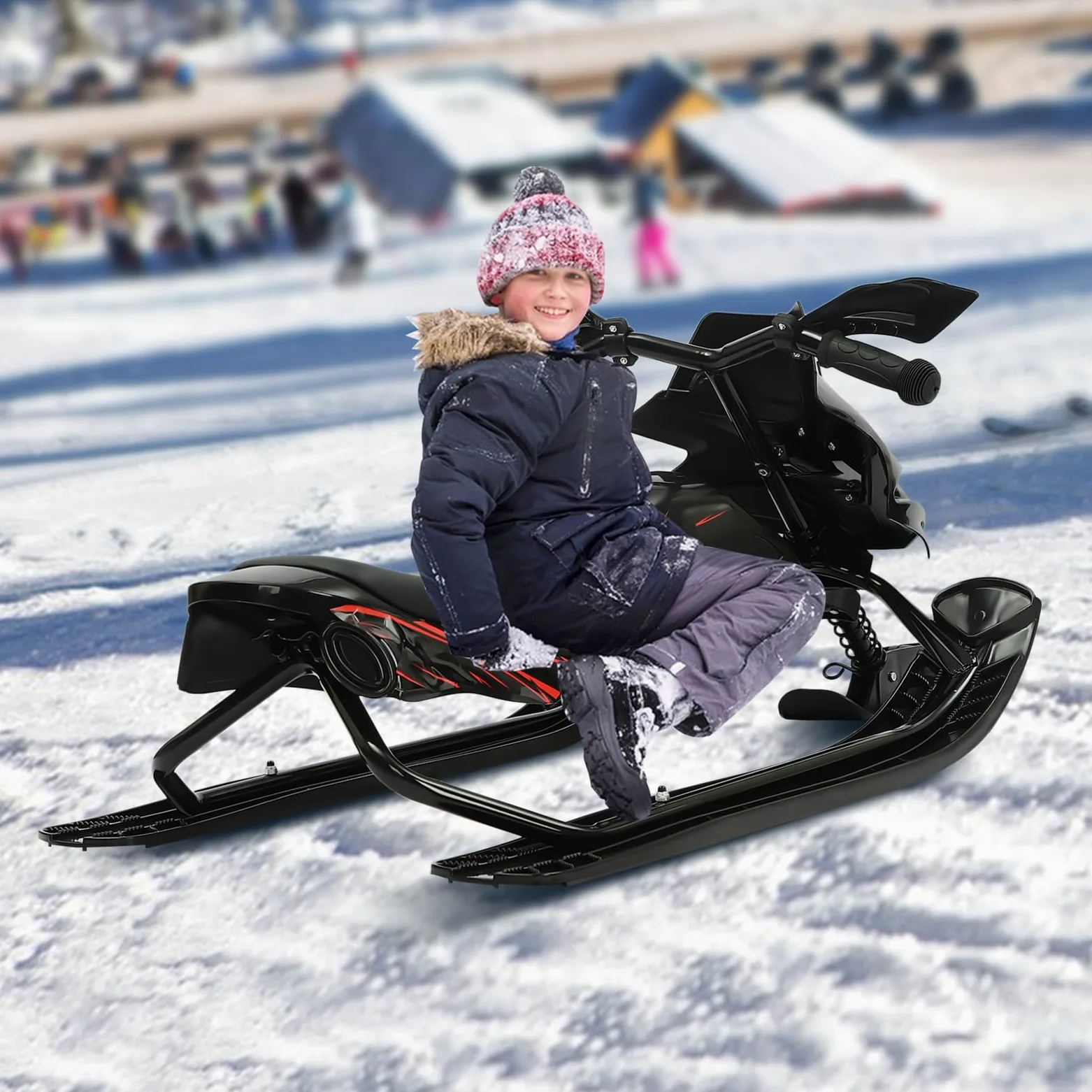 Luge de direction pour enfants avec freins, idéale pour les sports de neige en polyéthylène et fer, convient aux enfants de plus de 3 ans, avec rembourrage réglable et capacité de charge stable