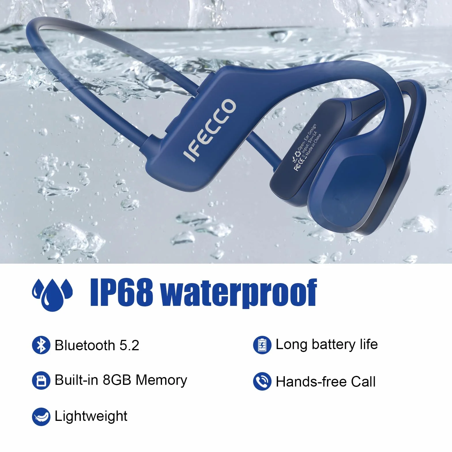 IFECCO Casque à Conduction Osseuse Bluetooth 5.2 IP68 Écouteurs de Sport sans Fil avec 8Go MP3