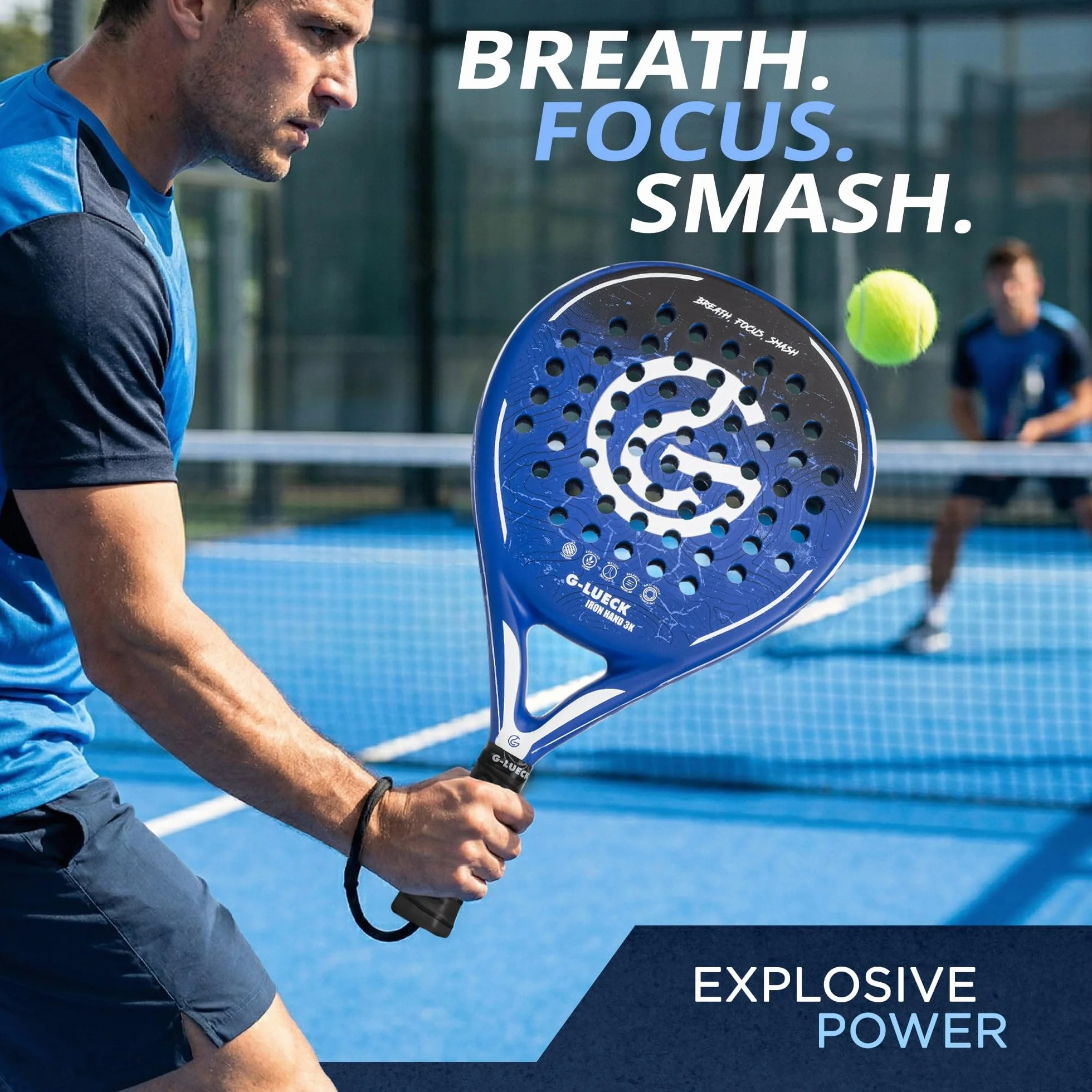 Raquette de Padel Iron Hand 3K Carbone Ronde Contrôle Puissance Cadre Carbone Renforcé Bleue Housse Incluse