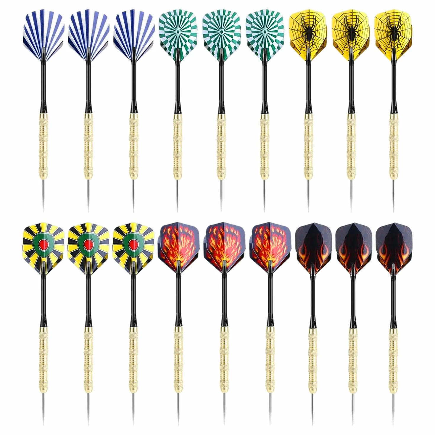 Fléchettes cuivrées avec pointe en acier, tige métal, cible métal, multicolores, lot de 18