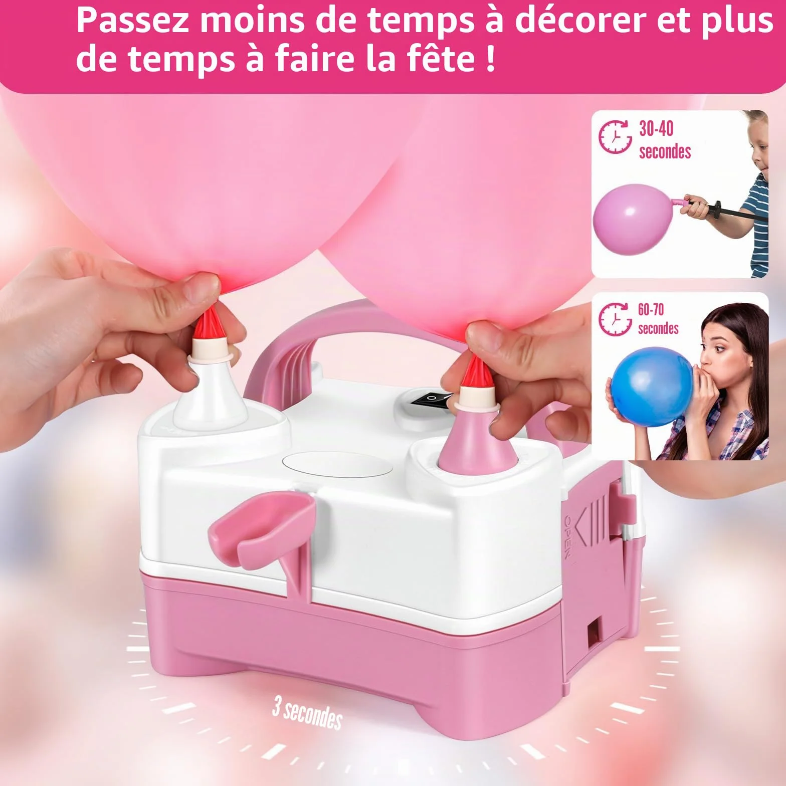 HELESIN Pompe à Ballons Électrique, Gonfleur Ballon Portable avec 4 Accessoires, Double Buse