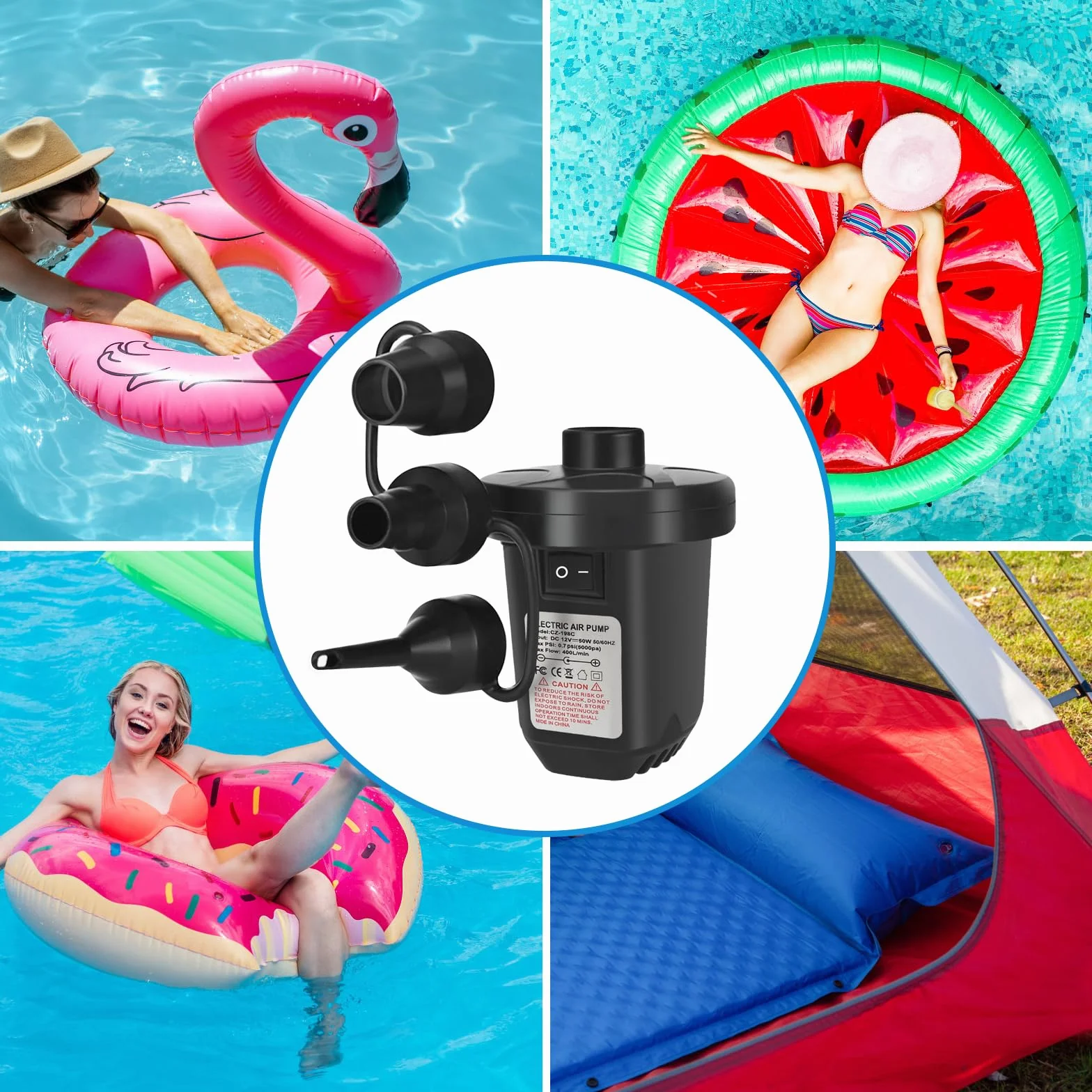 Pompe à air électrique Haute Puissance 220-240V 130W pour Matelas Gonflable Piscine Jouets de Plage avec 3 Buses